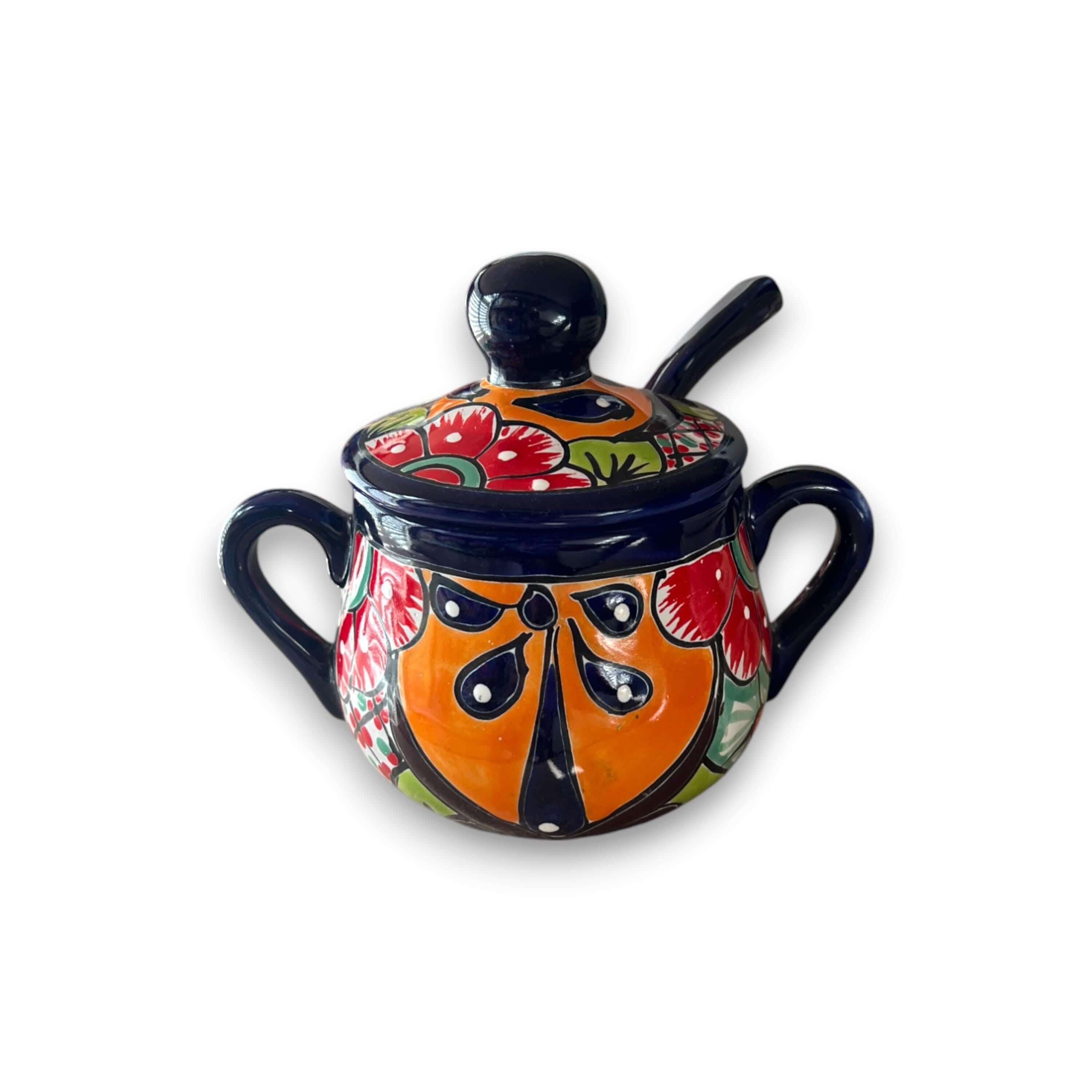 Azucarero de Talavera colorido con cuchara | Arte de cerámica mexicana