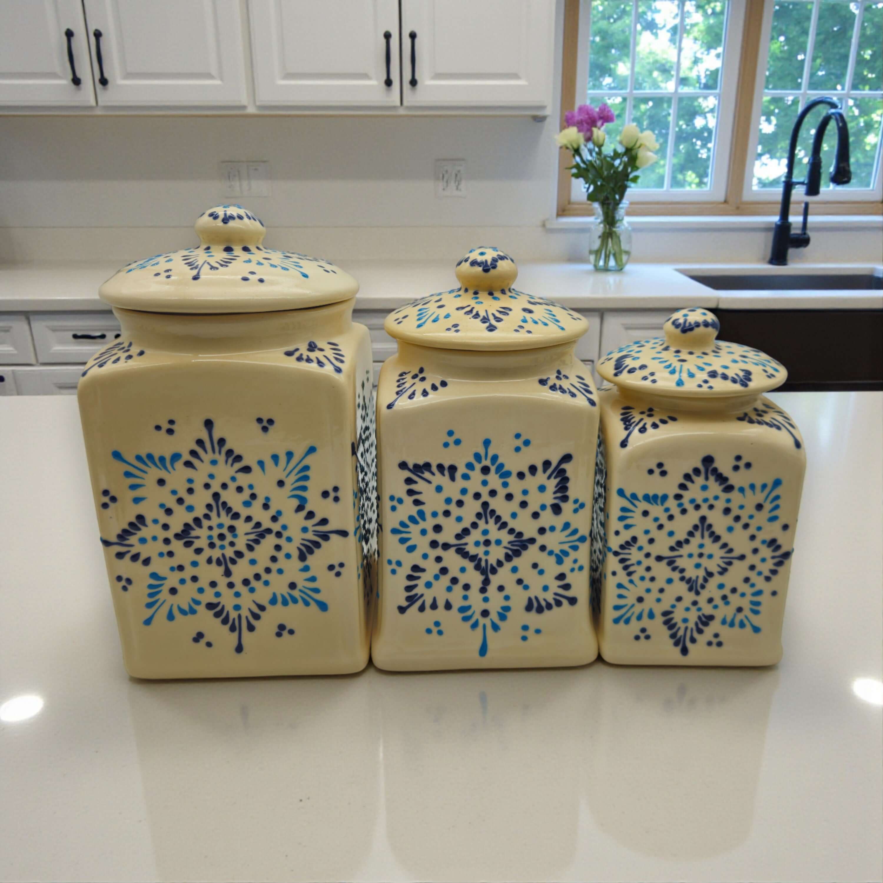 Botes de cocina de cerámica de Talavera, juego de tres | Blanco multicolor