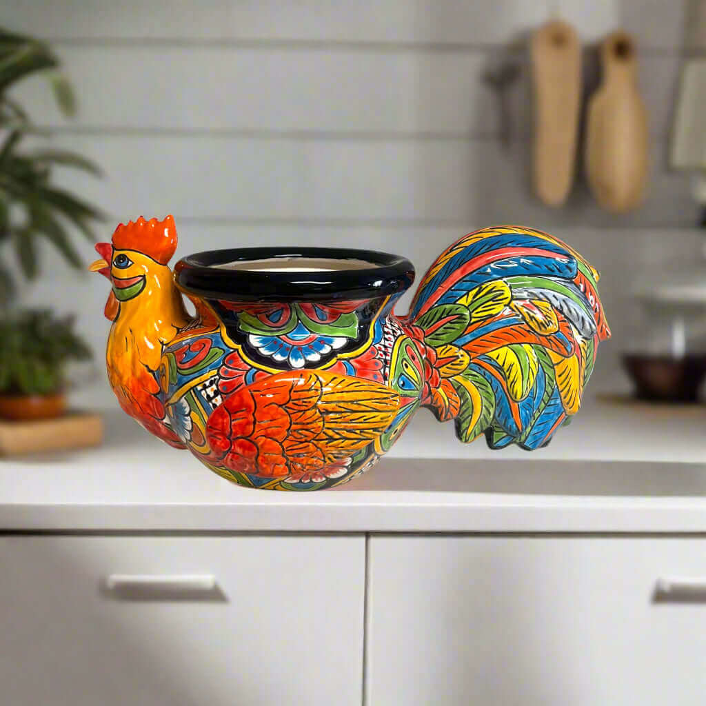 Maceta de gallo Talavera | Maceta de cerámica mexicana colorida hecha a mano