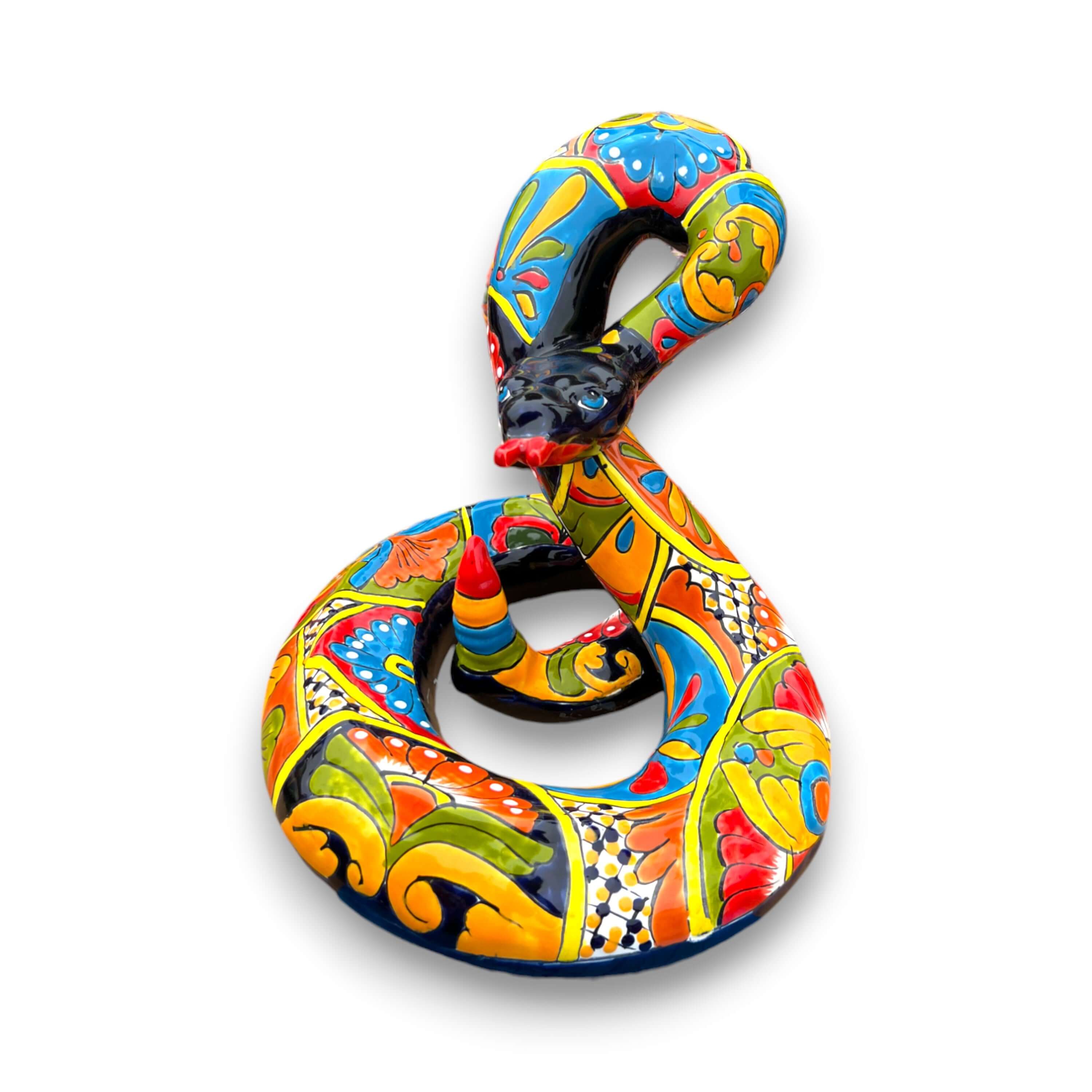 Estatua de serpiente Talavera | Serpiente de cascabel mexicana artesanal multicolor