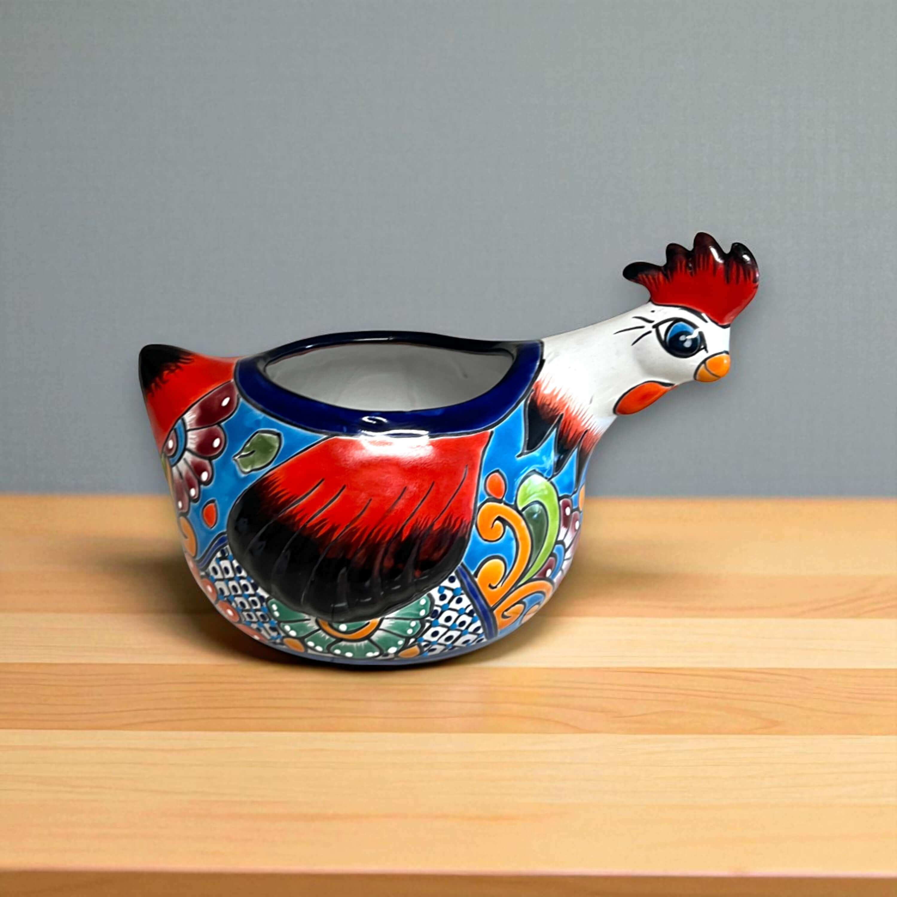 Macetero de Talavera con forma de gallina | Maceta de cerámica mexicana hecha a mano
