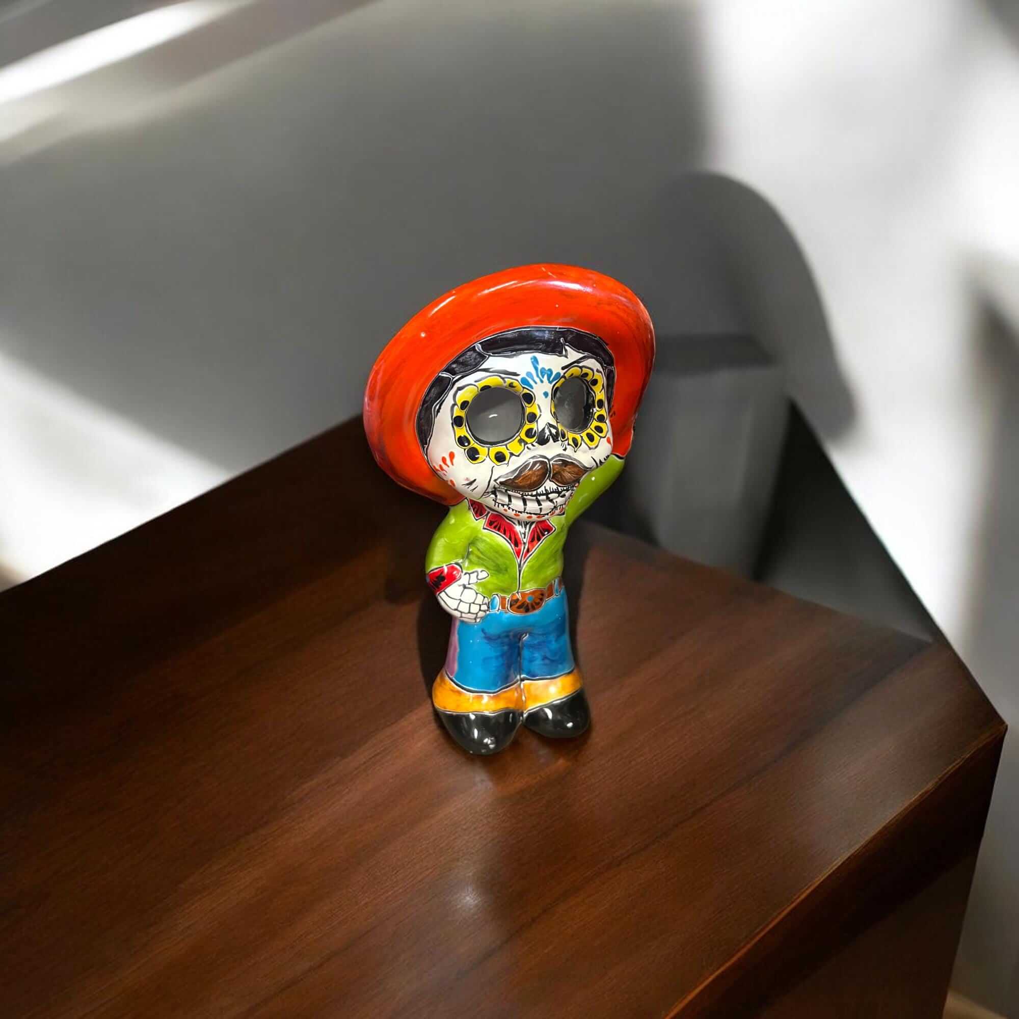 Estatua de esqueleto de Talavera | Figurilla de Día de Muertos con sombrero