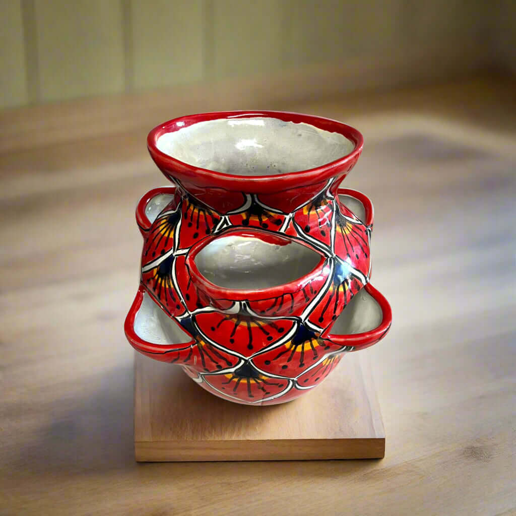 Macetero de fresas de Talavera | Diseño pavo real rojo