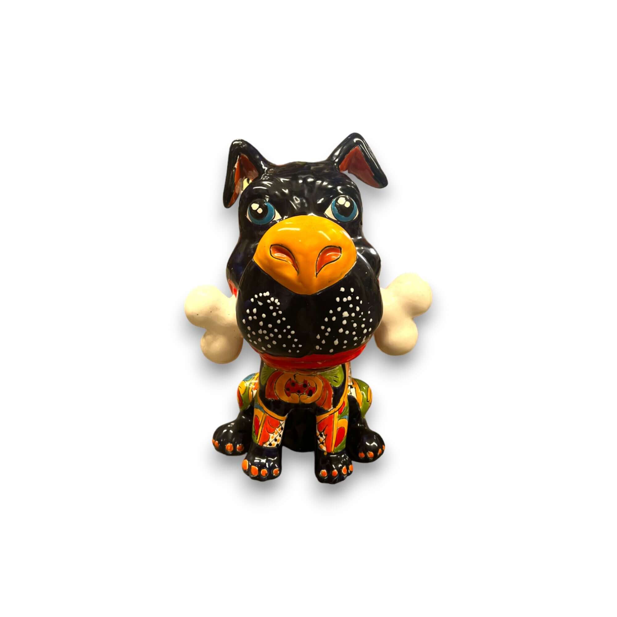 Perro Talavera con hueso | Decoración canina de cerámica pintada a mano (extragrande)