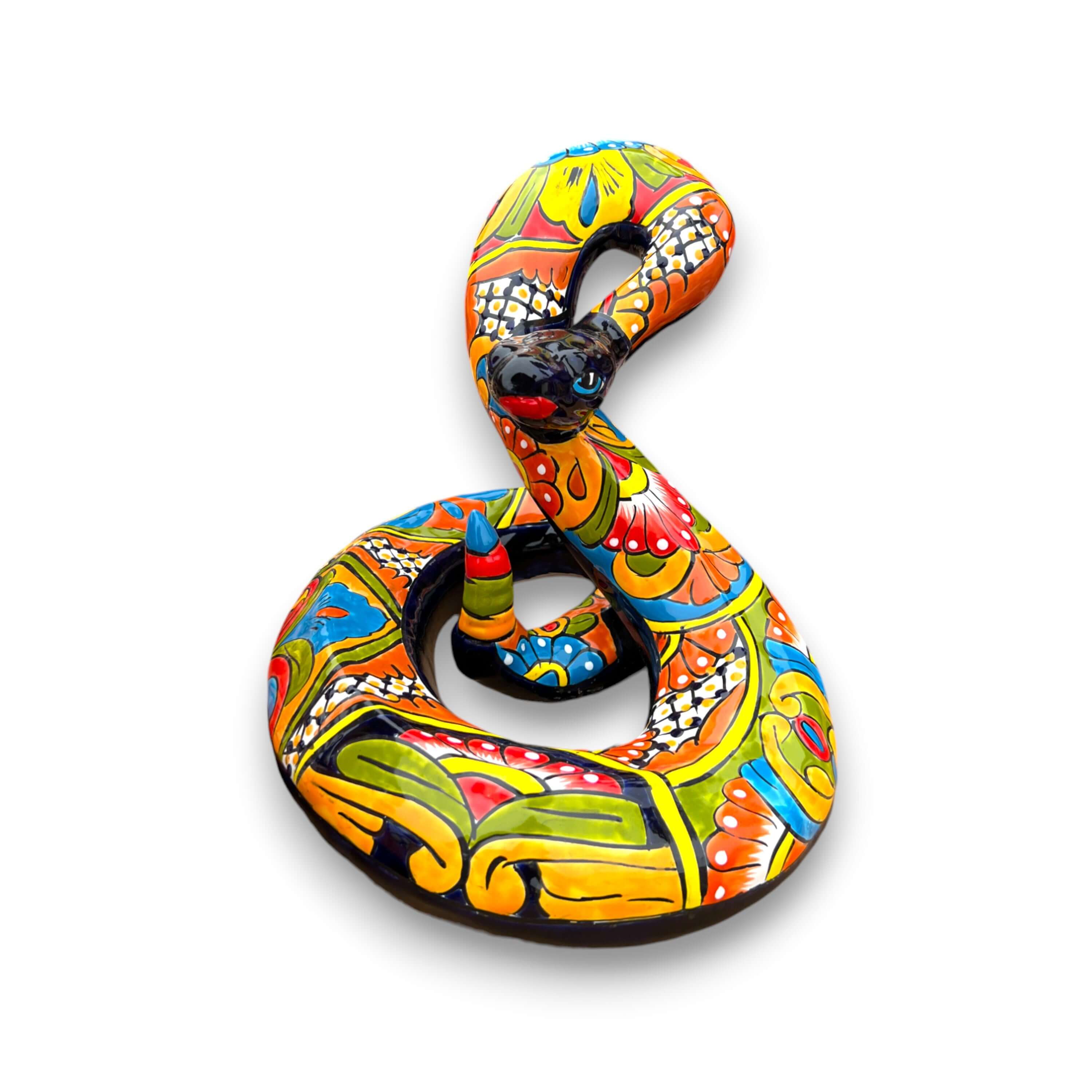 Estatua de serpiente Talavera | Serpiente de cascabel mexicana artesanal multicolor