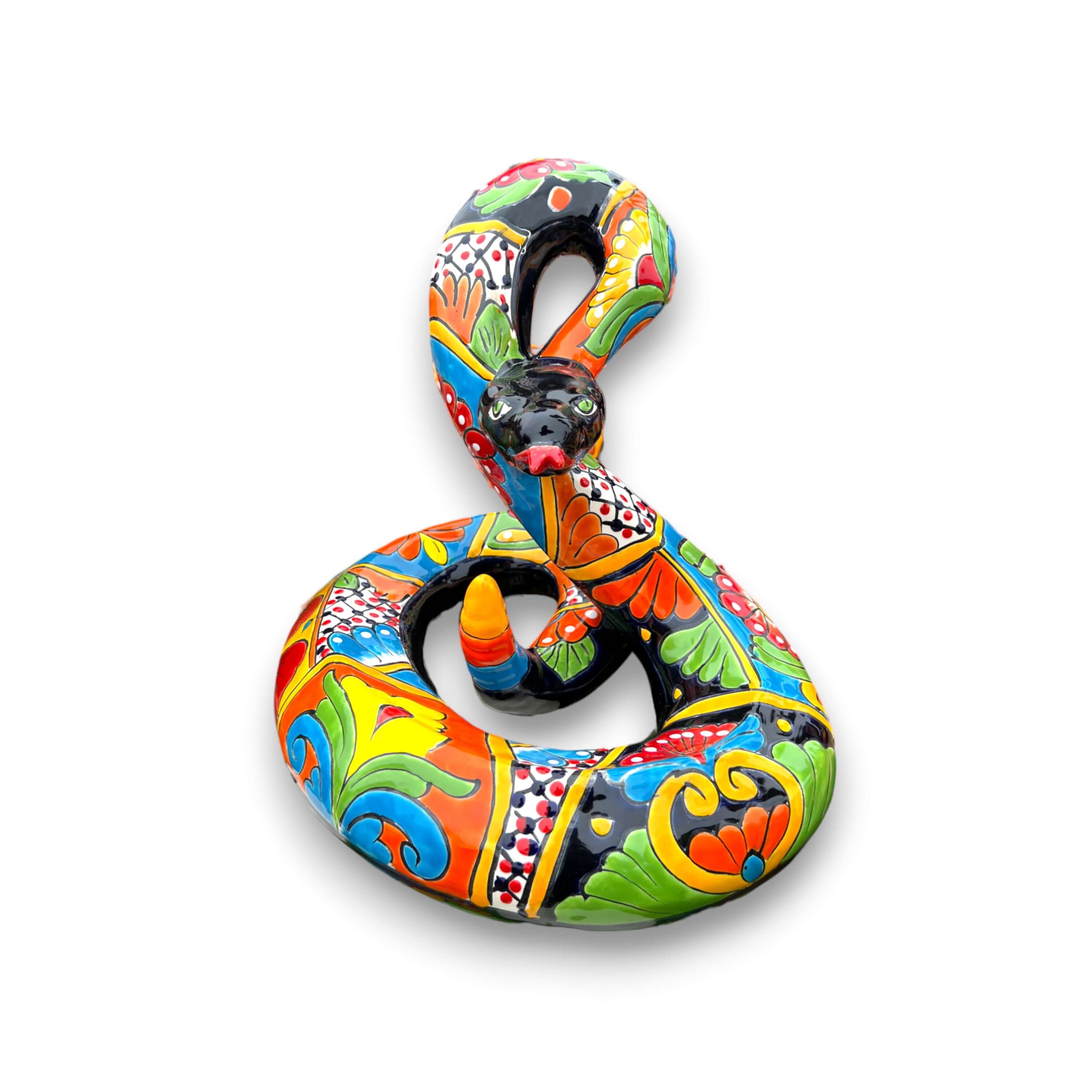 Estatua de serpiente Talavera | Serpiente de cascabel mexicana artesanal multicolor