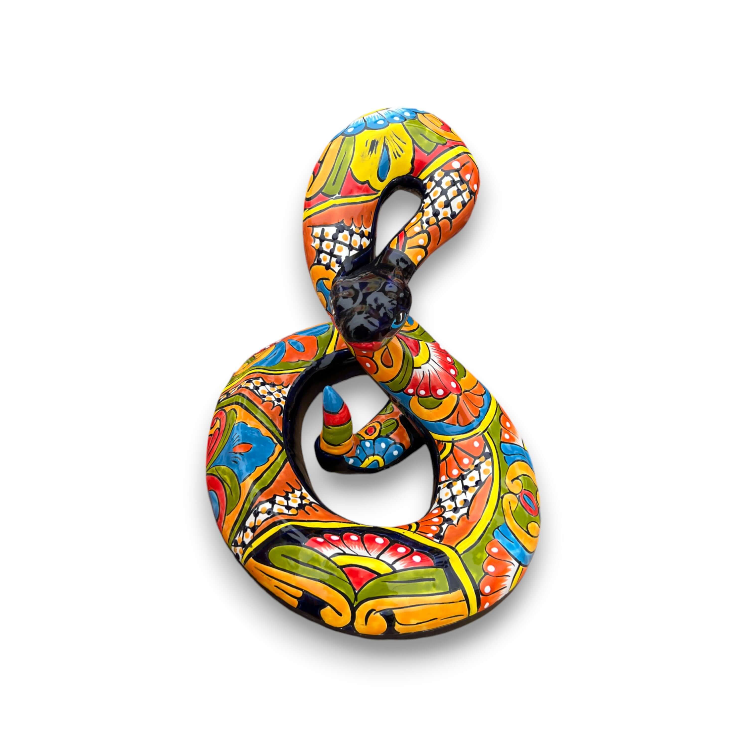 Estatua de serpiente Talavera | Serpiente de cascabel mexicana artesanal multicolor