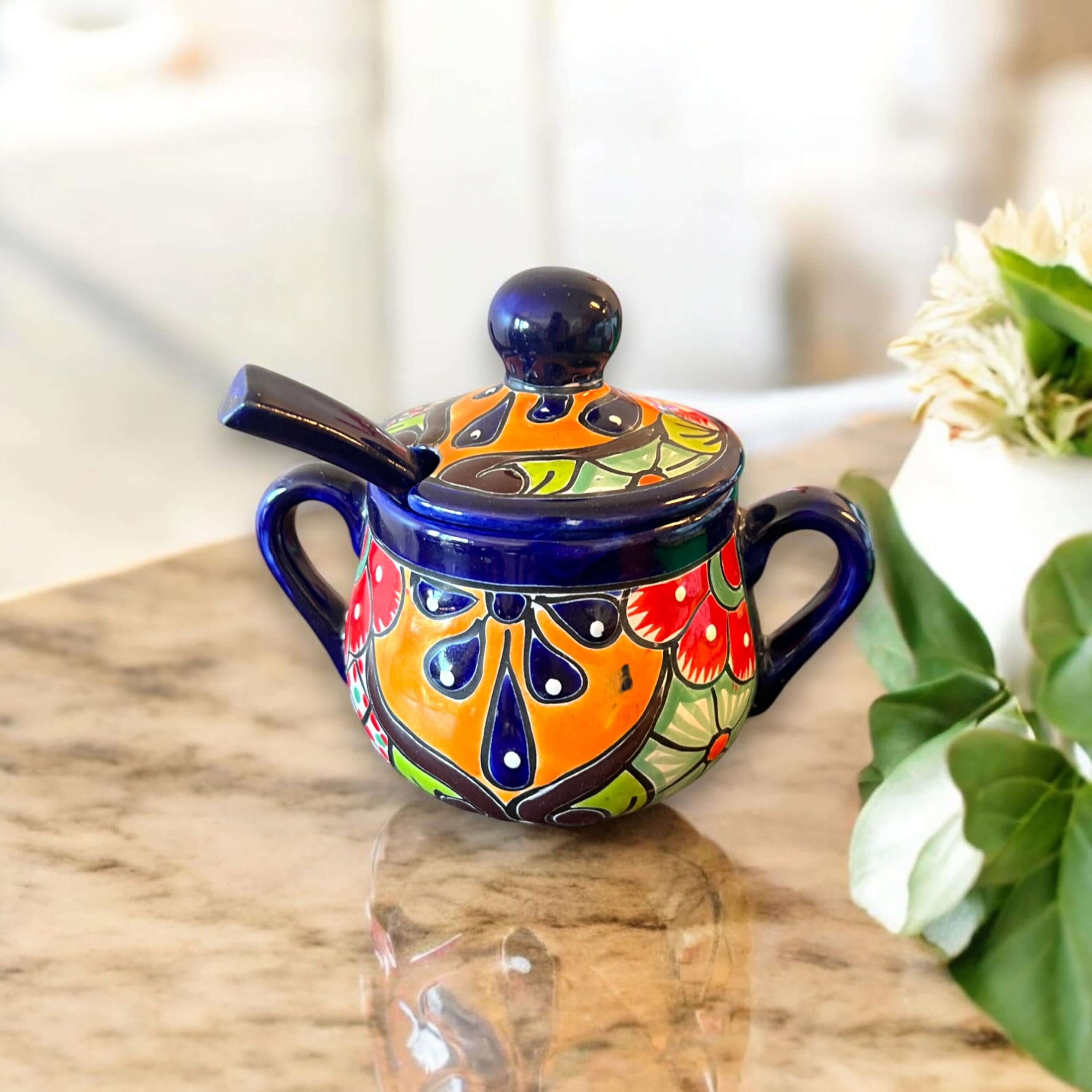 Azucarero de Talavera colorido con cuchara | Arte de cerámica mexicana
