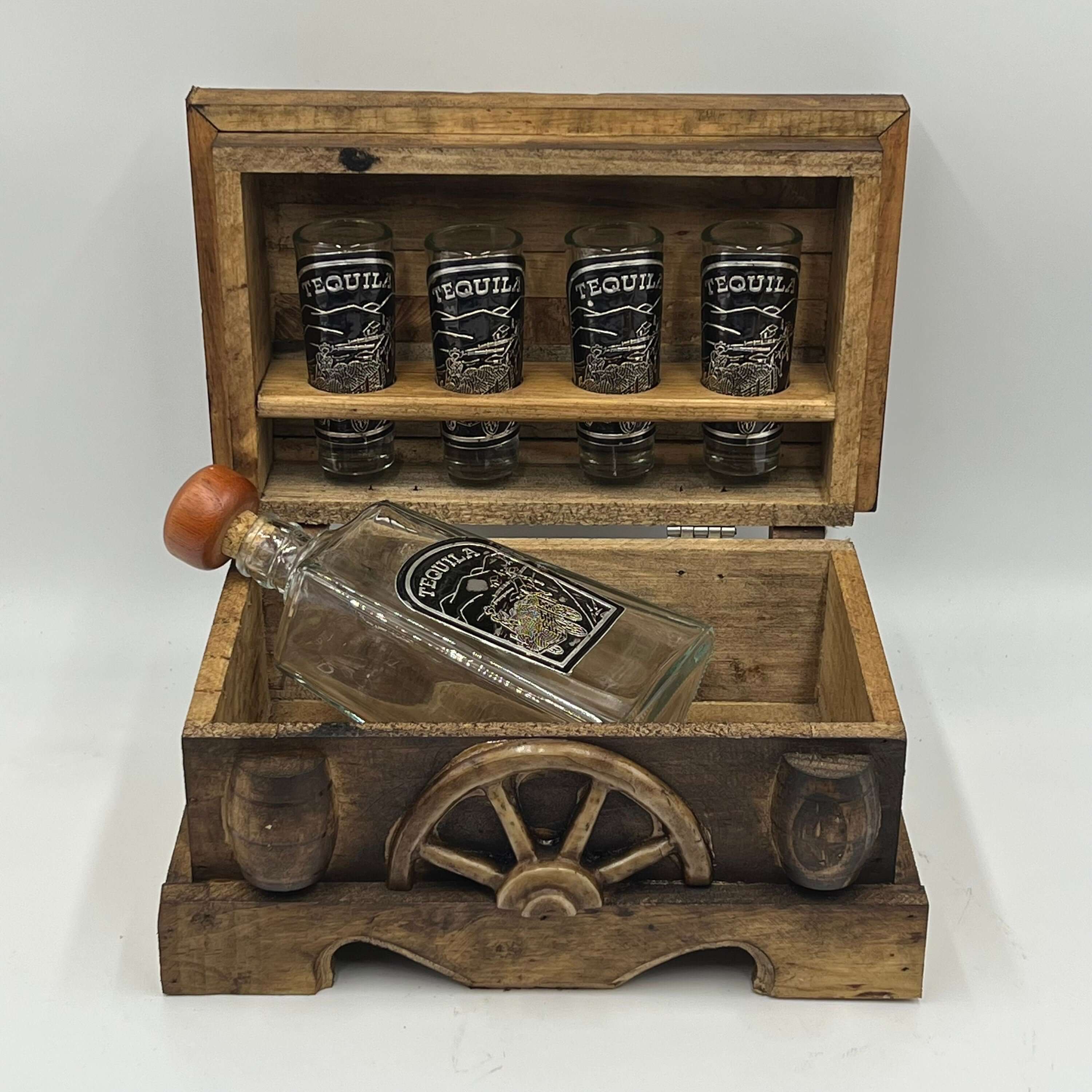 Mexican Shot Glass & Decanter Set | Rustic Wood Chest