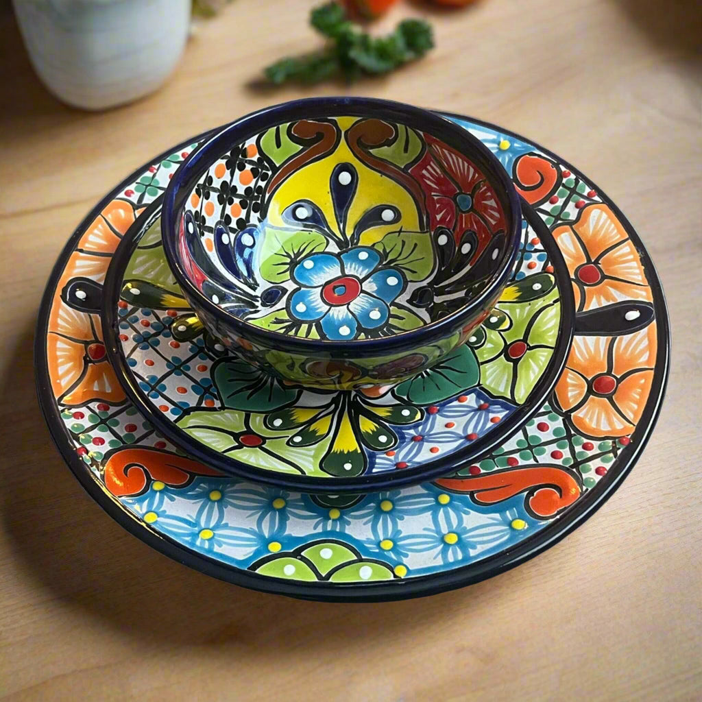 Vajilla Talavera de 12 Piezas | Platos y Cuencos de Cerámica Mexicana Hechos a Mano