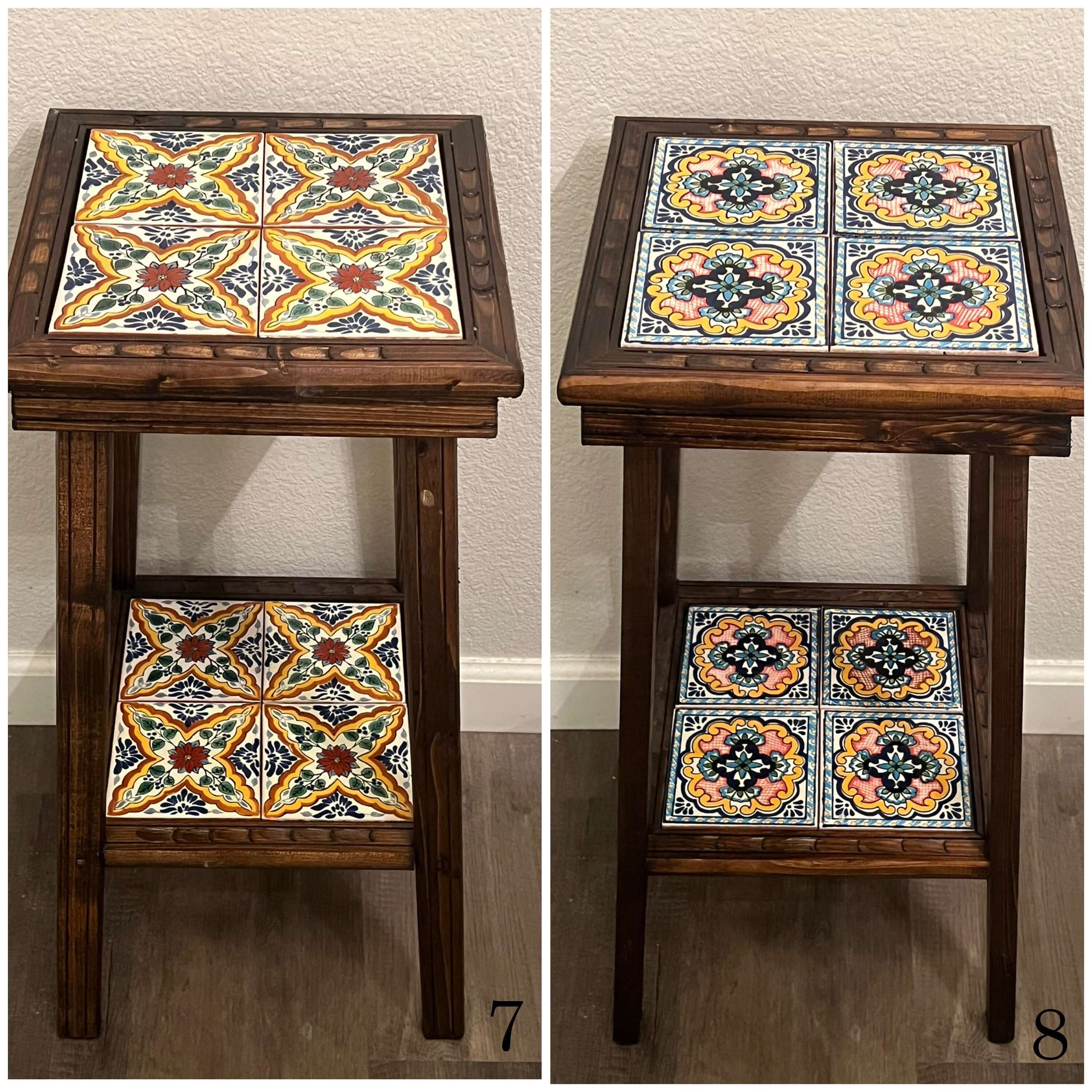 Mesa auxiliar de madera mexicana hecha a mano | Mesa auxiliar con azulejos cuadrados de Talavera