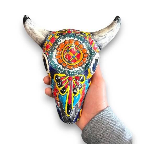 Decoración de pared de calavera de toro de Talavera | Arte mexicano de cuernos largos hecho a mano