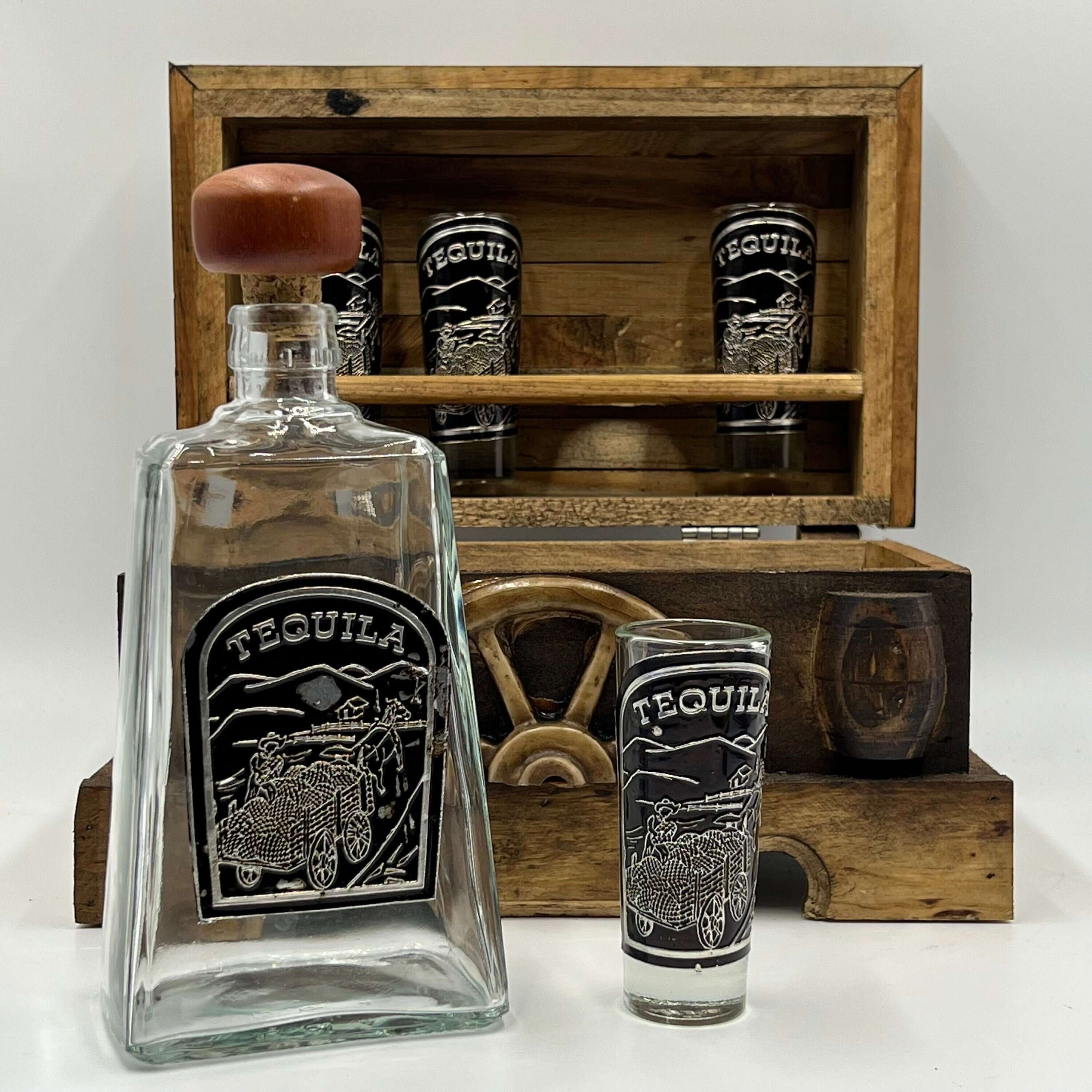 Mexican Shot Glass & Decanter Set | Rustic Wood Chest