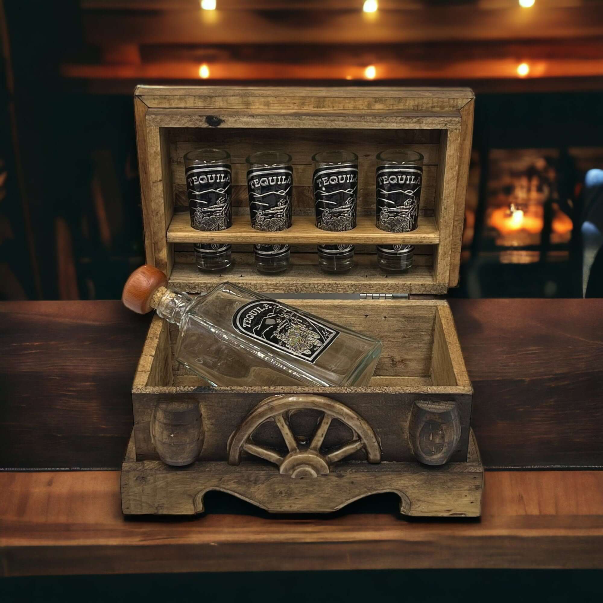 Mexican Shot Glass & Decanter Set | Rustic Wood Chest