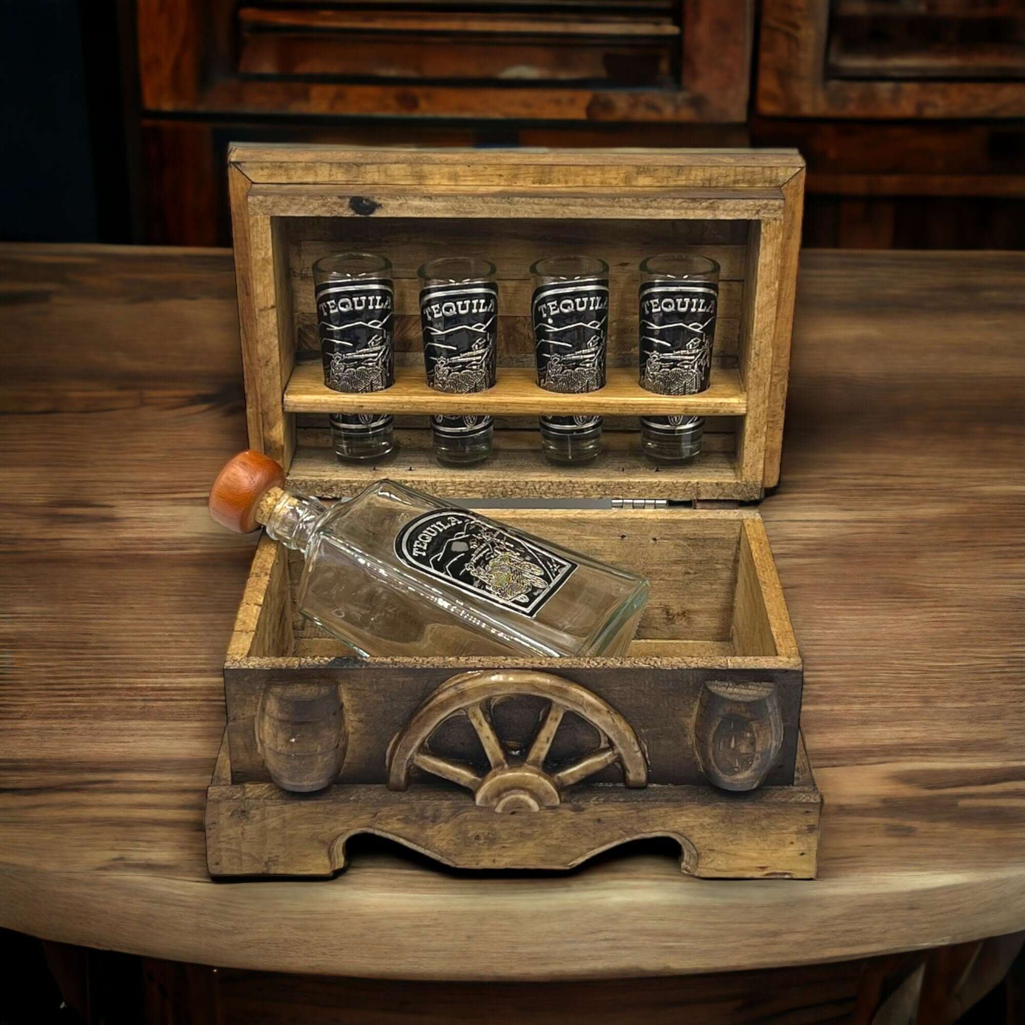 Mexican Shot Glass & Decanter Set | Rustic Wood Chest