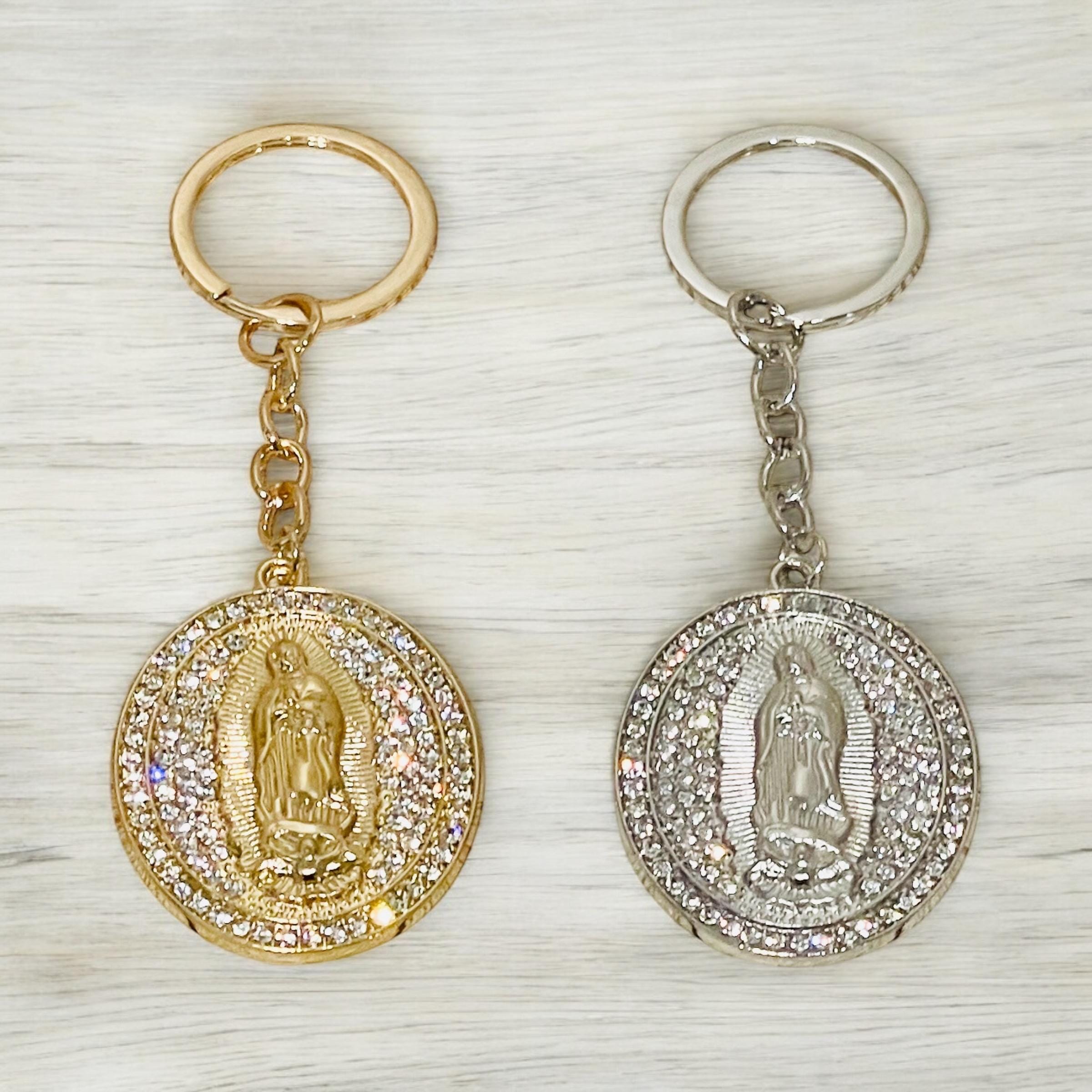 2x Virgin Mary Keychains 1 Gold Color and 1 Silver Color 2x Llaveros de La Virgen Maria 1 Color Oro y 1 Color Plata