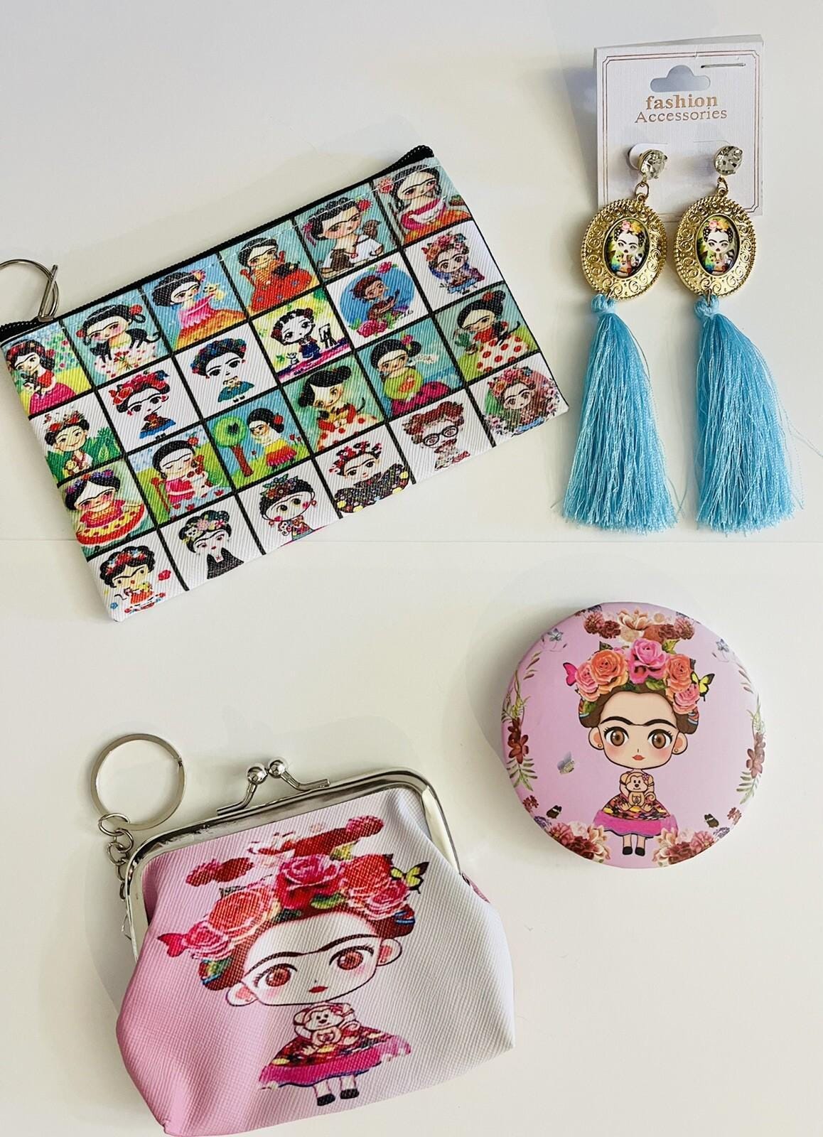 4 Piece Frida Kahlo Coin Bag, Zipper Bag, Mirror Set & Earrings