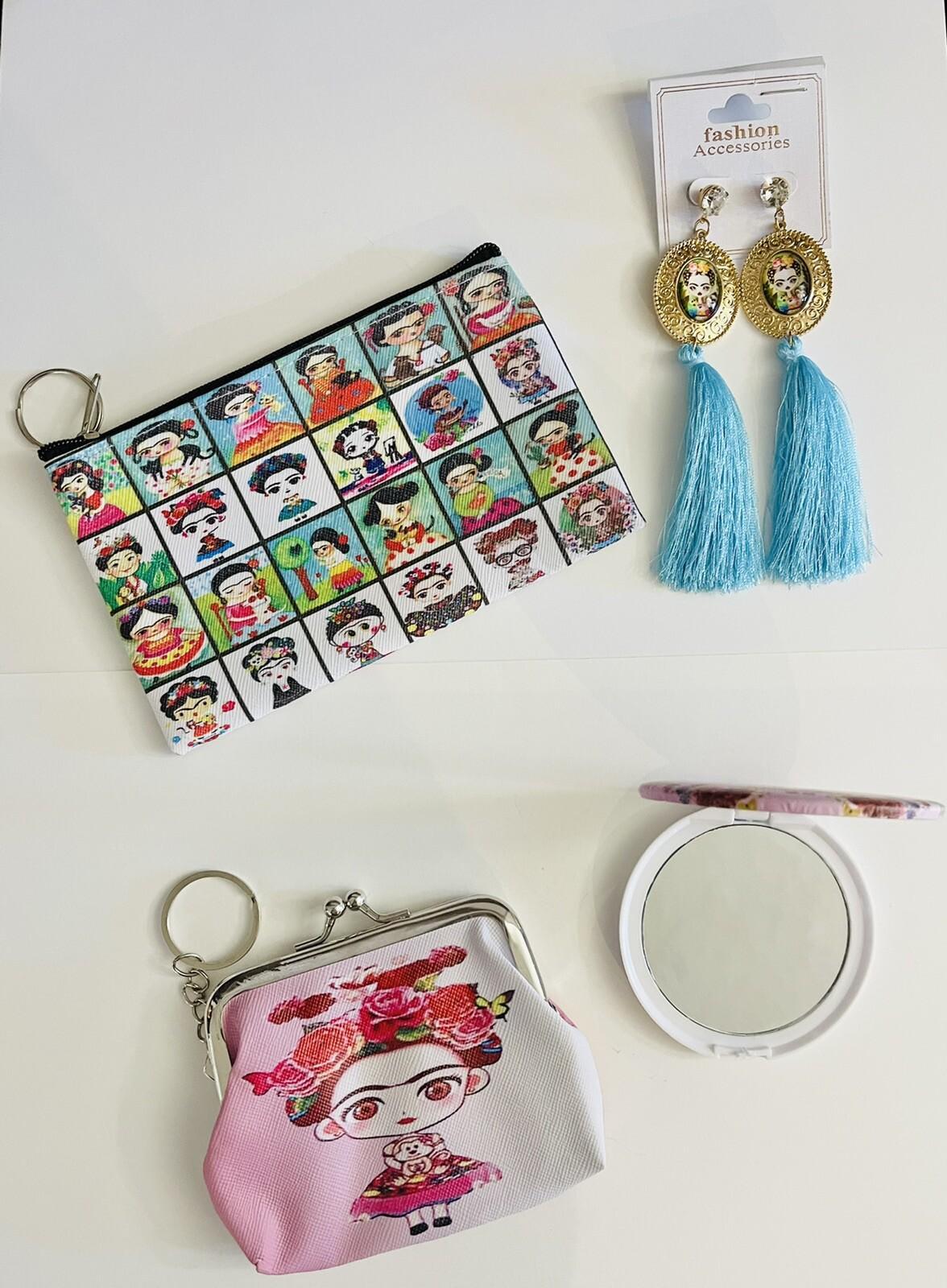 4 Piece Frida Kahlo Coin Bag, Zipper Bag, Mirror Set & Earrings