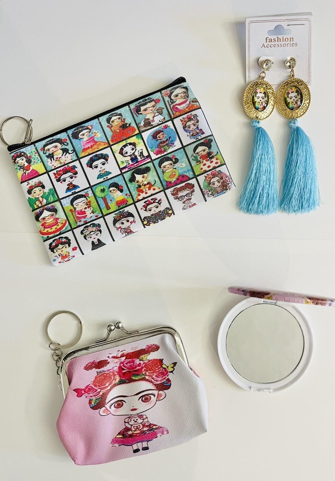 4 Piece Frida Kahlo Coin Bag, Zipper Bag, Mirror Set & Earrings