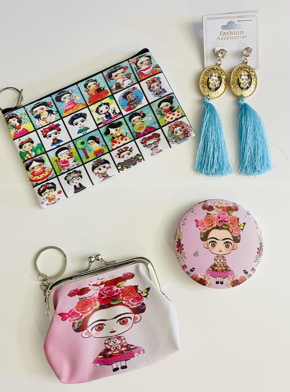 4 Piece Frida Kahlo Coin Bag, Zipper Bag, Mirror Set & Earrings