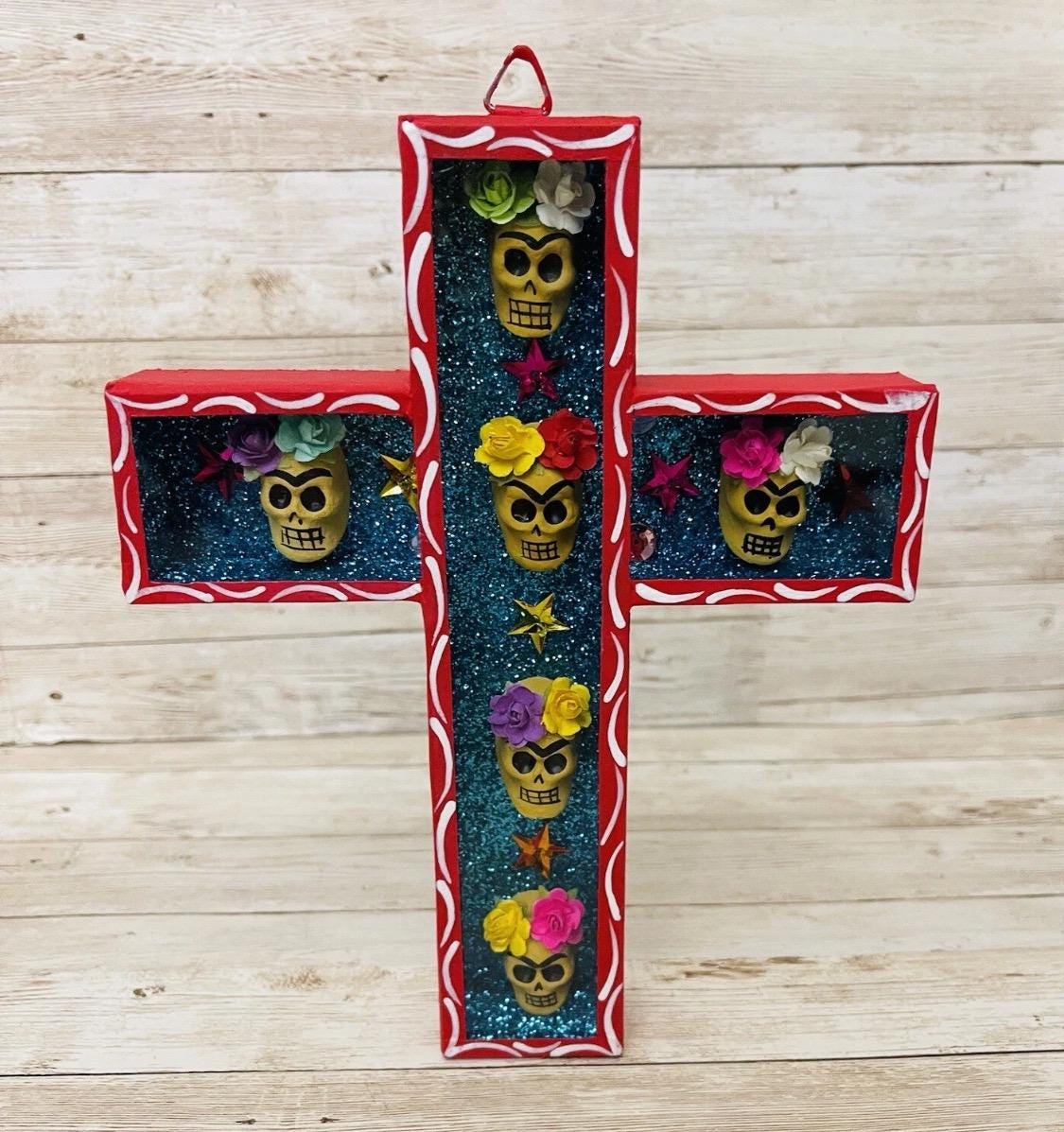 Day of the Dead Sugar Skulls Shadow Box Wall Art Nicho en Cruz de Catrinas Mexicano Decoracion Dia de Muertos