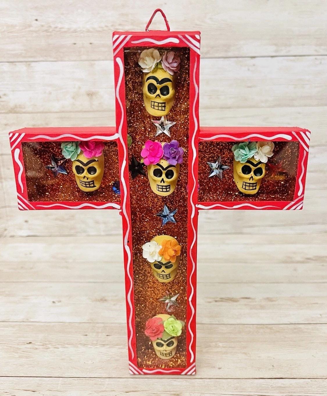 Day of the Dead Sugar Skulls Shadow Box Wall Art Nicho en Cruz de Catrinas Mexicano Decoracion Dia de Muertos