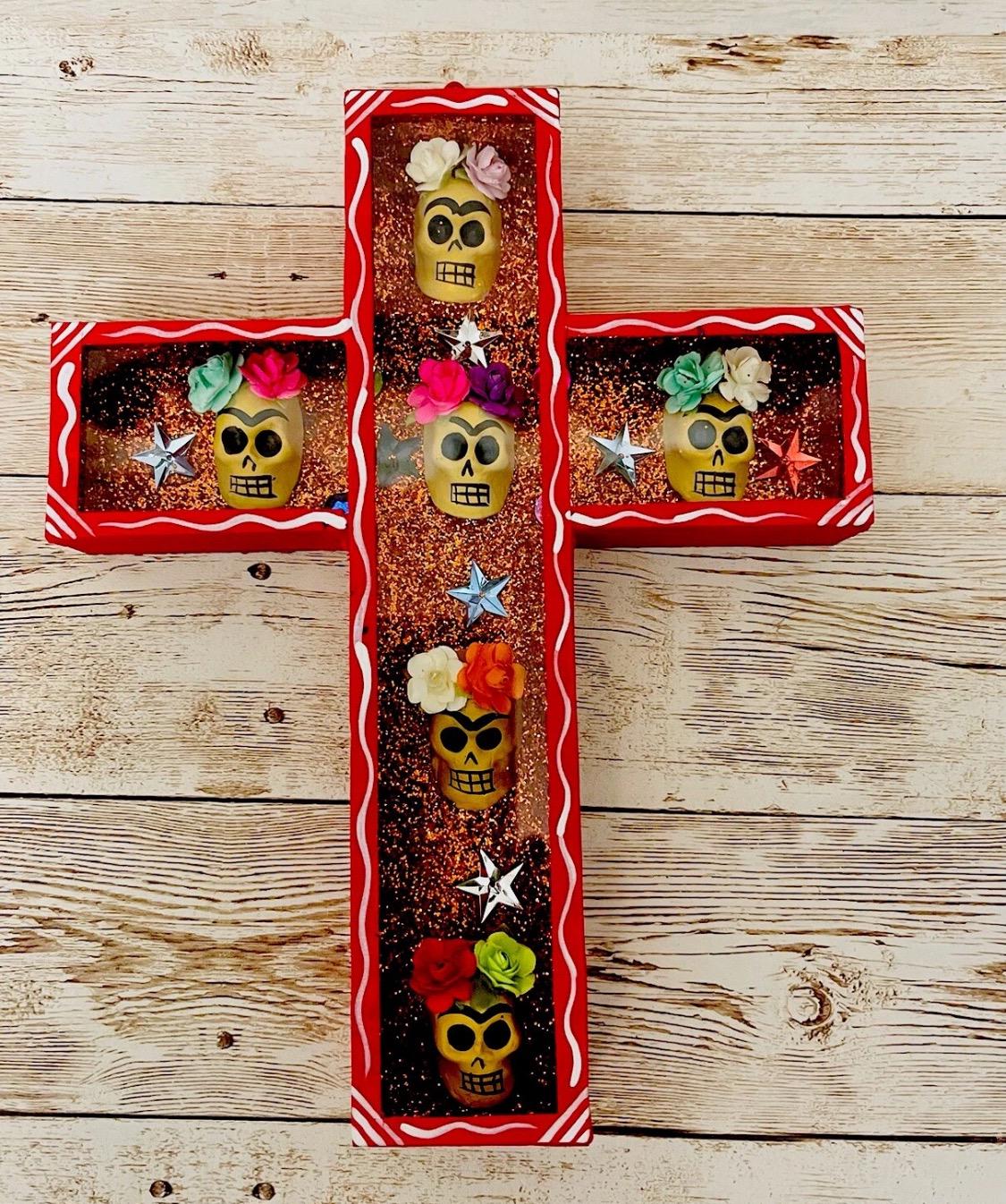 Day of the Dead Sugar Skulls Shadow Box Wall Art Nicho en Cruz de Catrinas Mexicano Decoracion Dia de Muertos