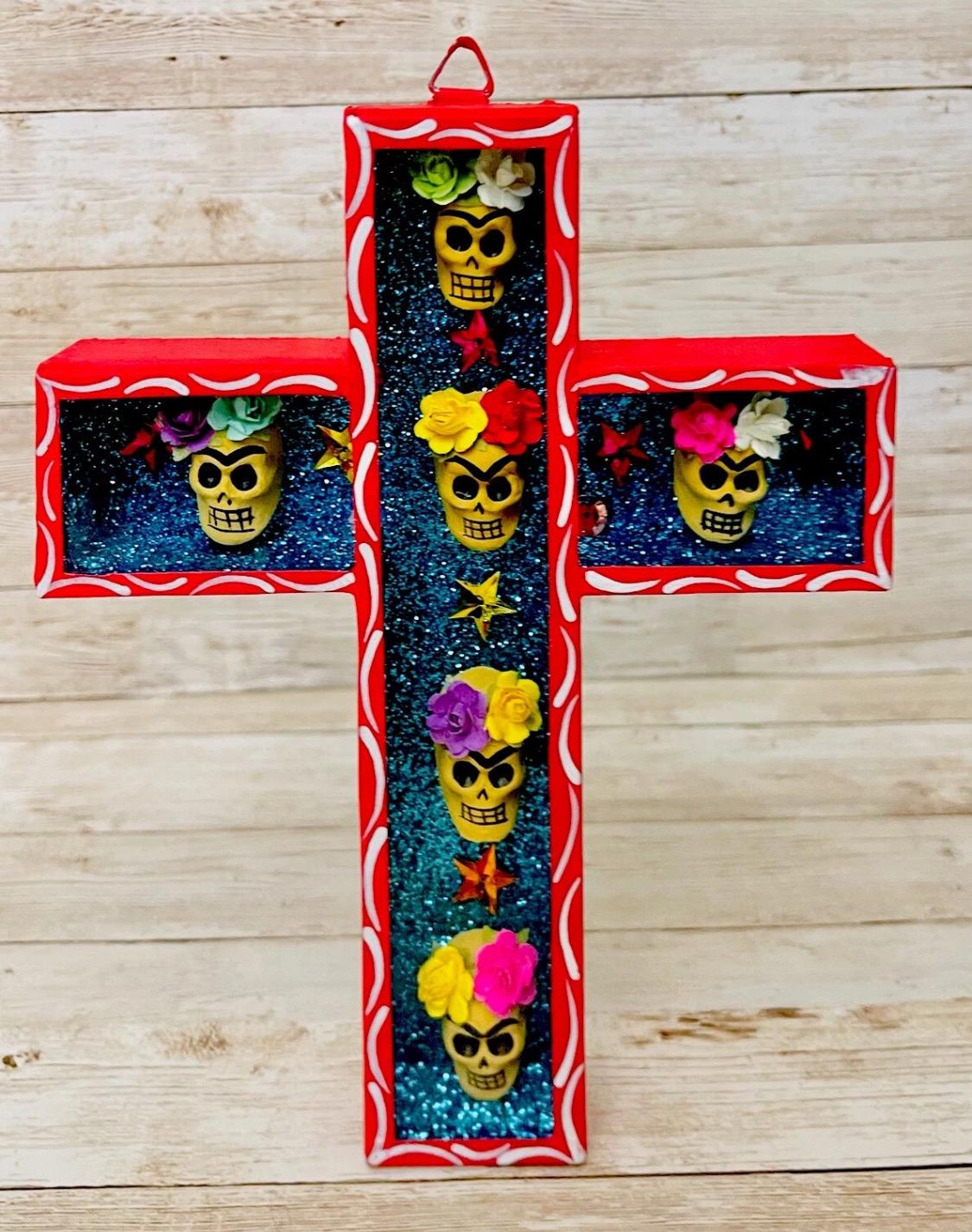 Day of the Dead Sugar Skulls Shadow Box Wall Art Nicho en Cruz de Catrinas Mexicano Decoracion Dia de Muertos