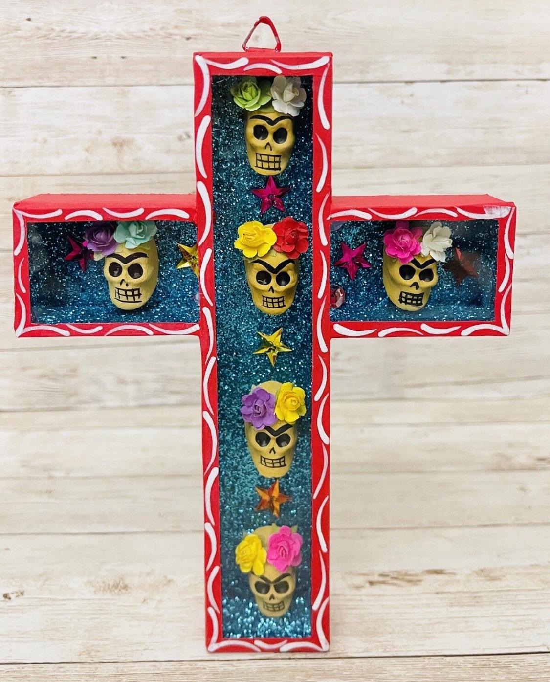 Day of the Dead Sugar Skulls Shadow Box Wall Art Nicho en Cruz de Catrinas Mexicano Decoracion Dia de Muertos