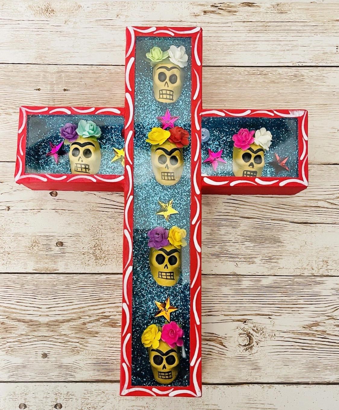 Day of the Dead Sugar Skulls Shadow Box Wall Art Nicho en Cruz de Catrinas Mexicano Decoracion Dia de Muertos