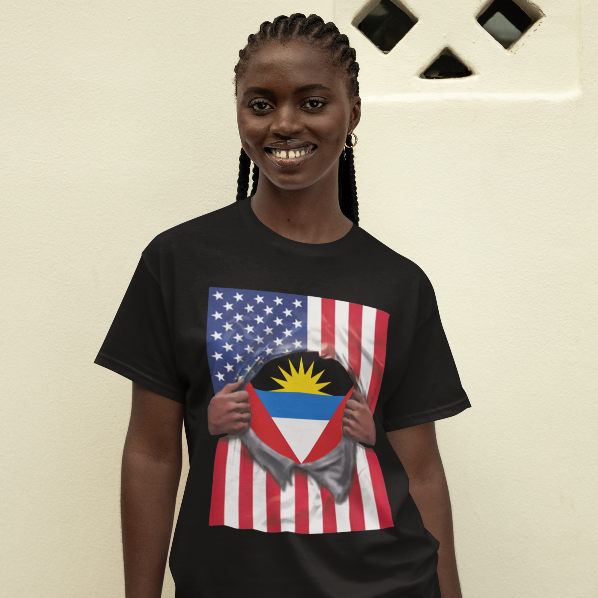 Camiseta de la bandera de Antigua y Barbuda | Bandera de Antigua + Estadounidense Rasgada 4 de julio | Camisetas divertidas para latinos | 4 Colores