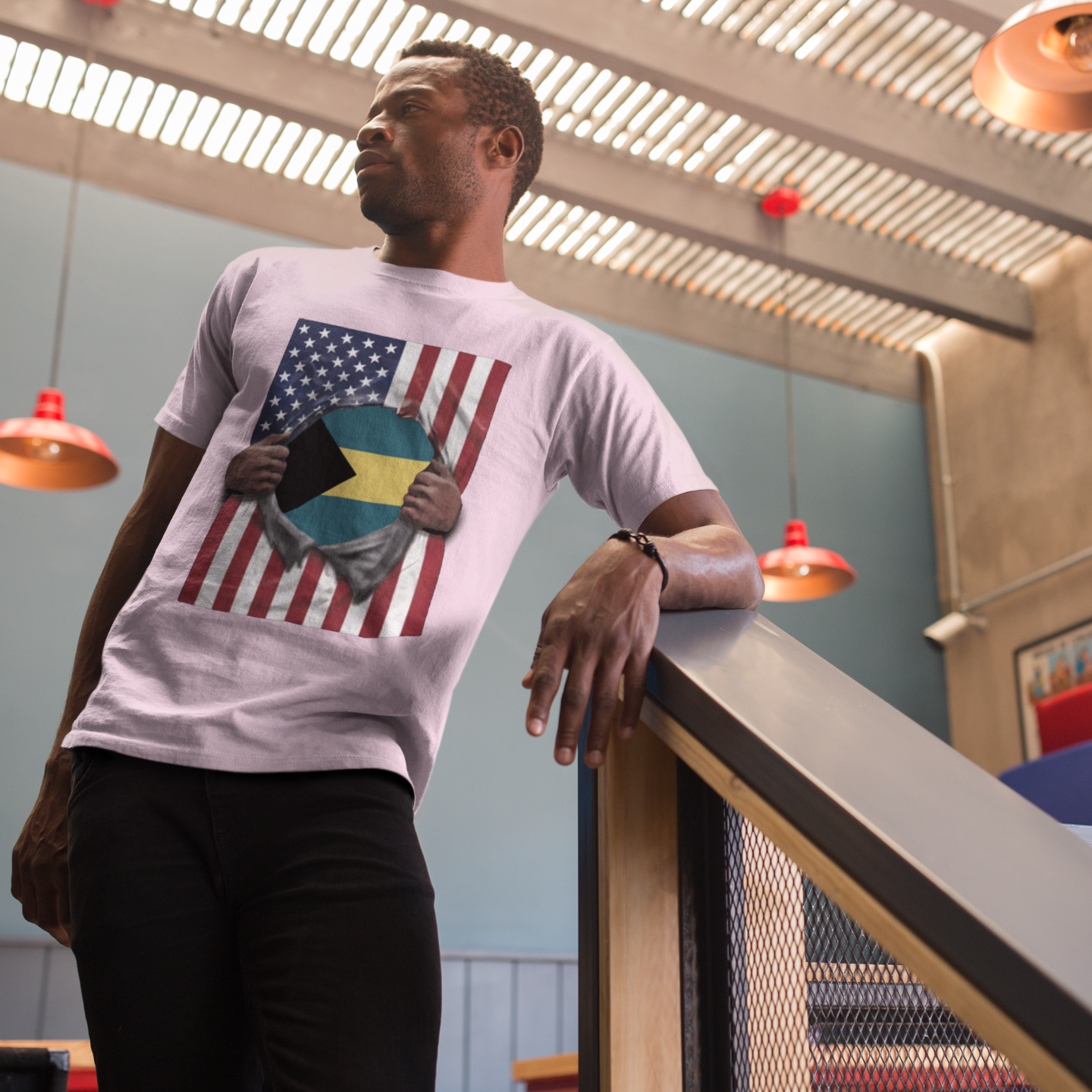 Camiseta Bandera de Bahamas + EE. UU. | Bandera de Bahamas + EE. UU. rasgada 4 de Julio | Camisetas Latinas Divertidas | 4 Colores