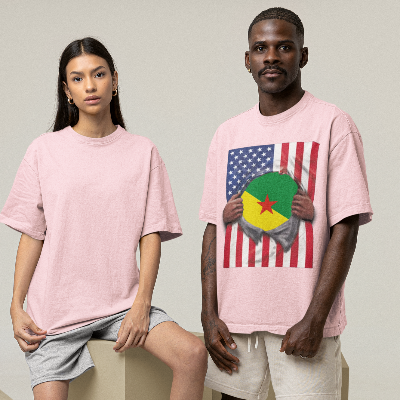 Camiseta de la Guayana Francesa y la bandera de Estados Unidos | Guayana Francesa y bandera estadounidense rasgada 4 de julio | Camisetas latinas divertidas | 4 colores