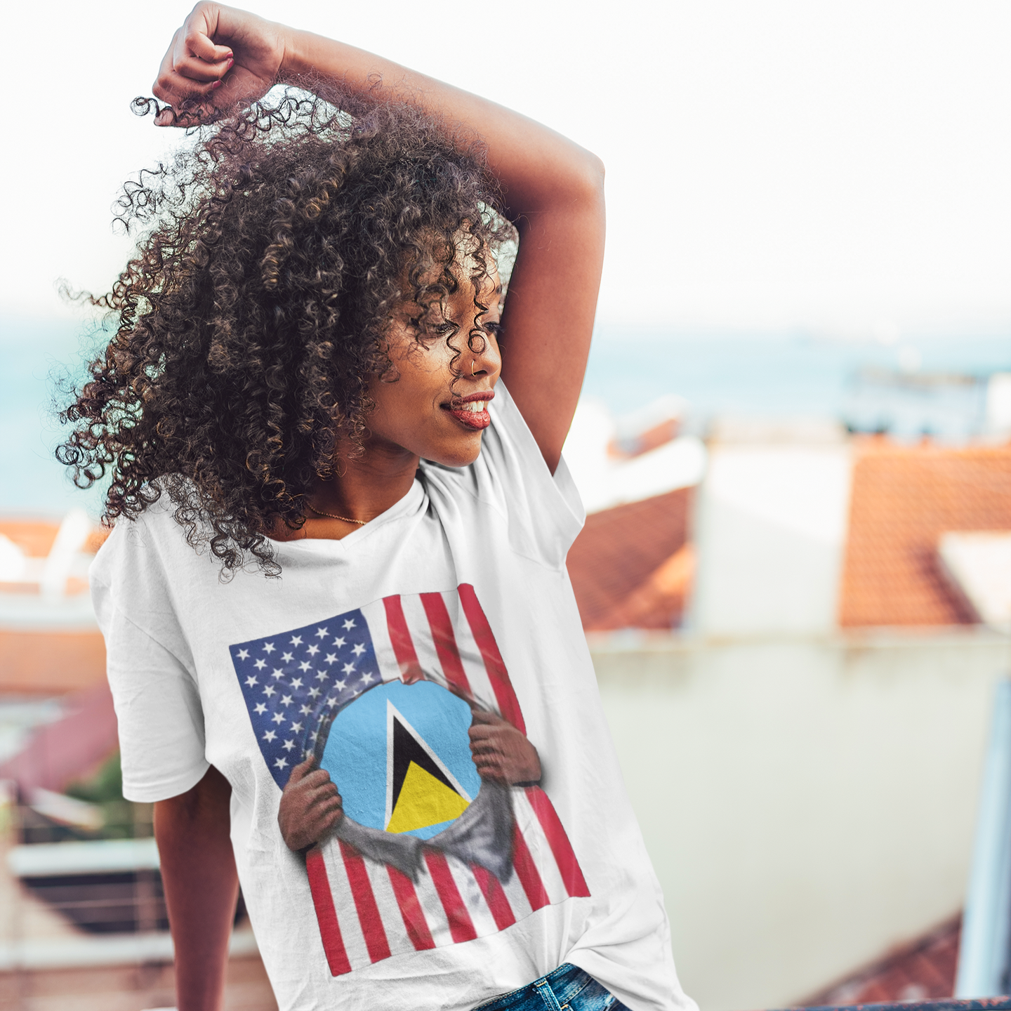 Camiseta de Santa Lucía + Bandera de EE. UU. | Desgarro de Bandera de Santa Lucía + Americana 4 de Julio | Camisetas Latinas Divertidas | 4 Colores