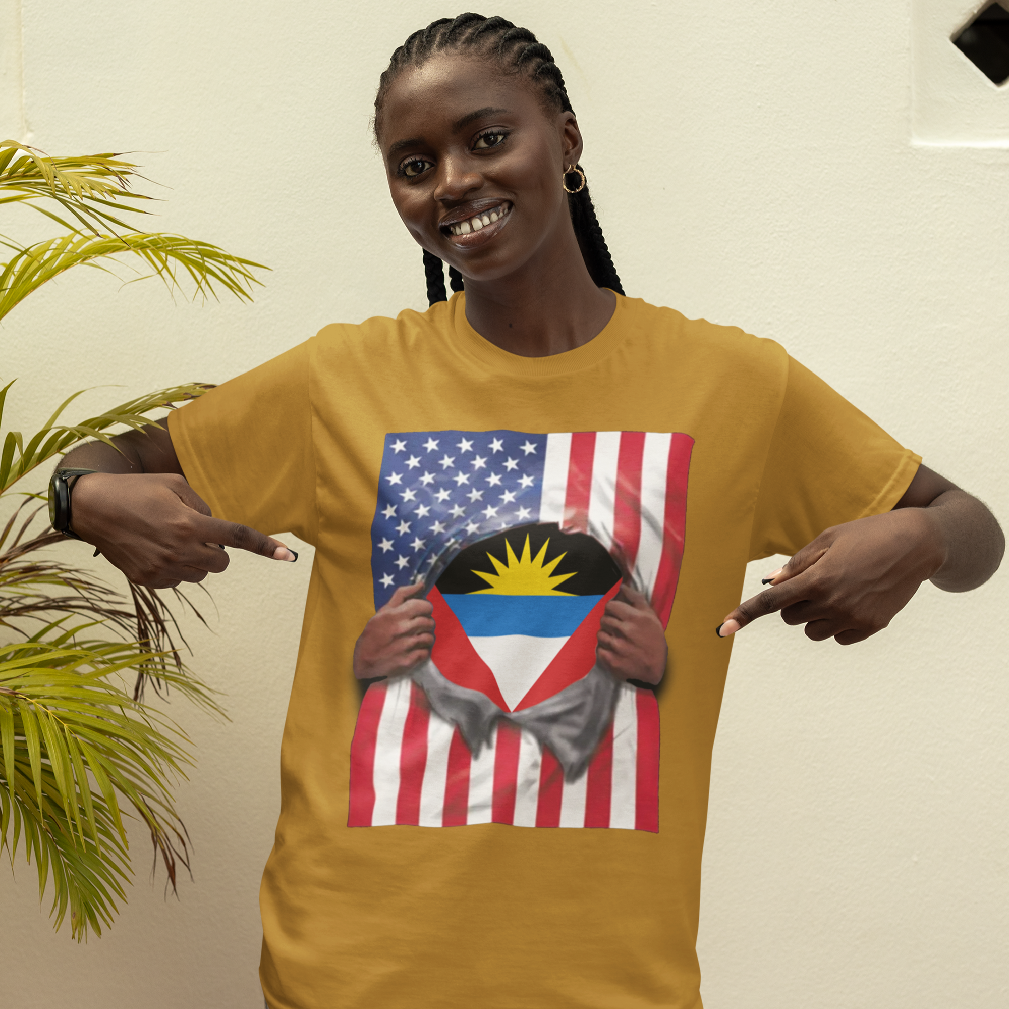 Camiseta de la bandera de Antigua y Barbuda | Bandera de Antigua + Estadounidense Rasgada 4 de julio | Camisetas divertidas para latinos | 4 Colores