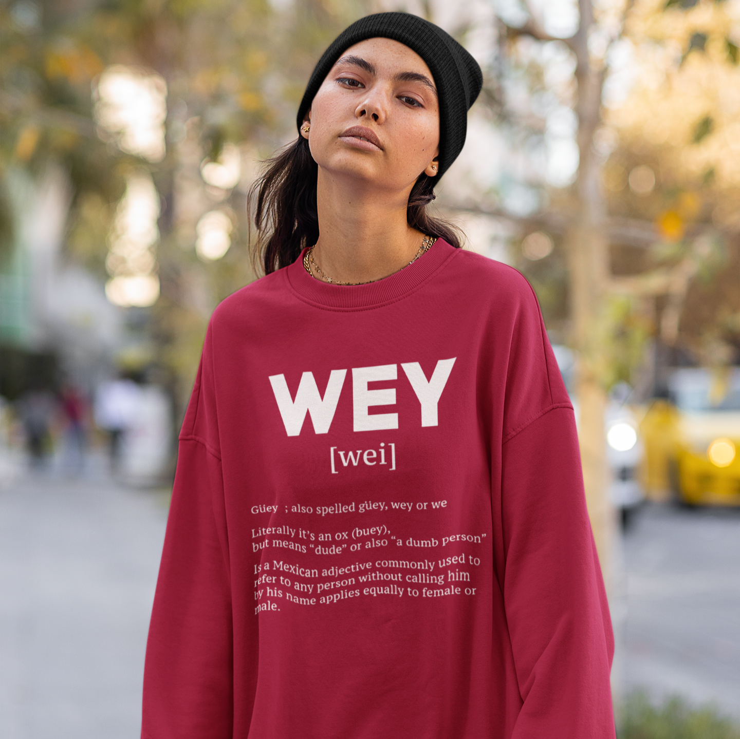 Sudadera de cuello redondo con definición de Wey Guey | Divertida sudadera de cuello redondo con forro polar latino | 3 colores disponibles