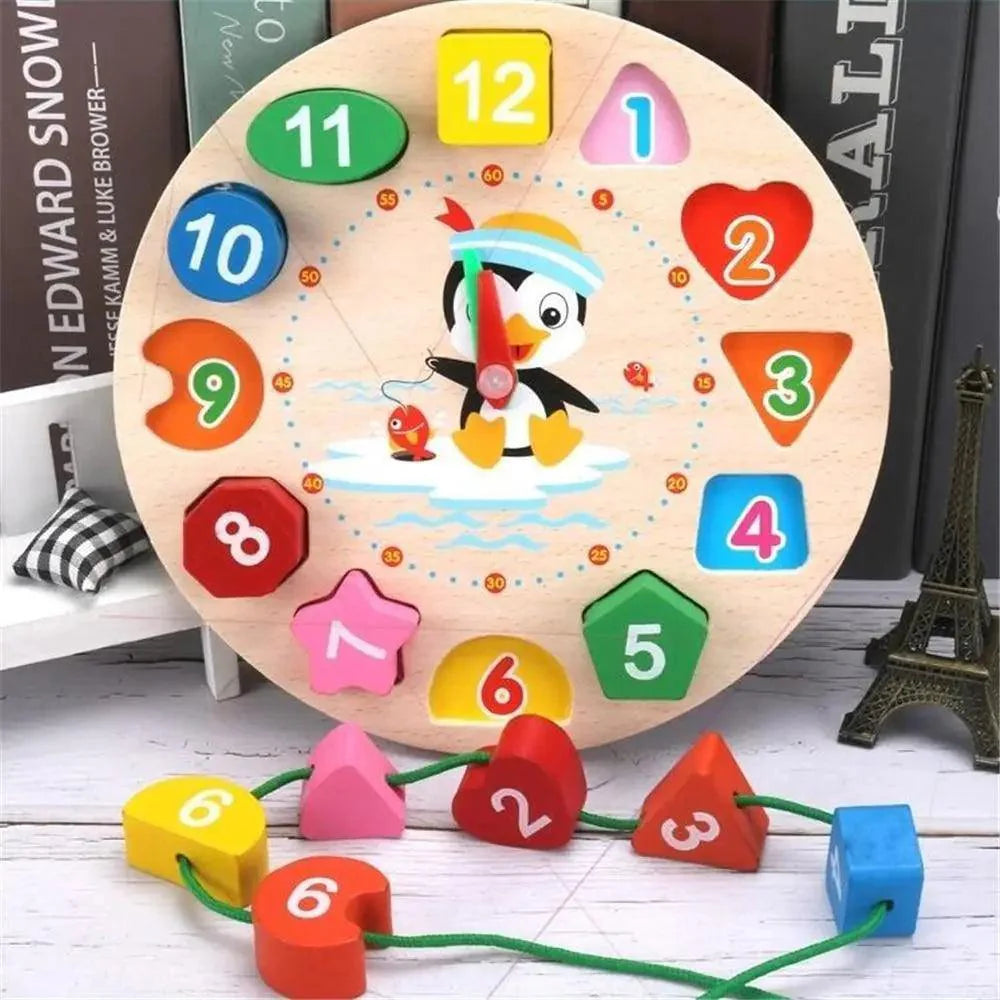 Montessori Cartoon Animal Educational Wooden Beaded Geometry  Digital Clock Puzzles Matching Clock Toy For Children
