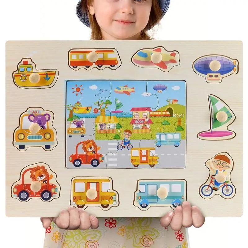 Montessori Wooden Puzzles Hand Grab Boards Toys Tangram Baby Educational Toys Cartoon Vehicle Animals Fruits 3D Puzzles