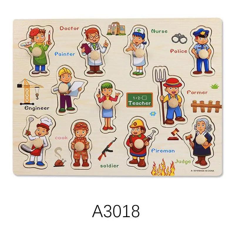 Montessori Wooden Puzzles Hand Grab Boards Toys Tangram Baby Educational Toys Cartoon Vehicle Animals Fruits 3D Puzzles