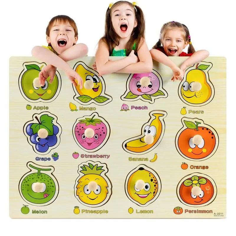 Montessori Wooden Puzzles Hand Grab Boards Toys Tangram Baby Educational Toys Cartoon Vehicle Animals Fruits 3D Puzzles