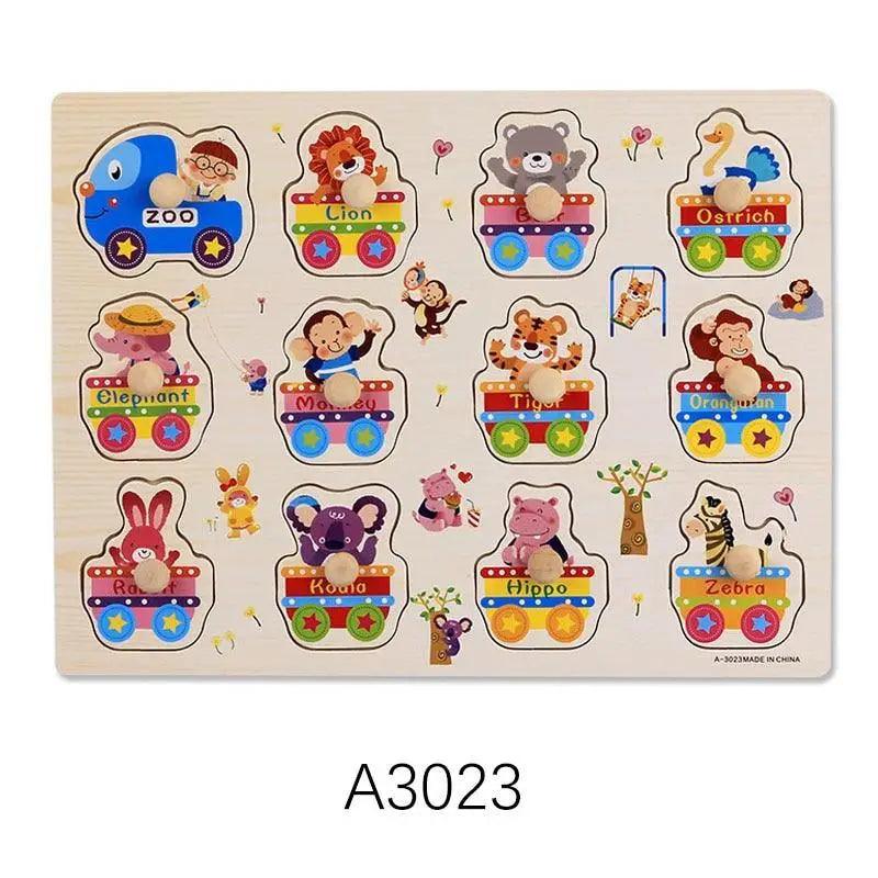 Montessori Wooden Puzzles Hand Grab Boards Toys Tangram Baby Educational Toys Cartoon Vehicle Animals Fruits 3D Puzzles