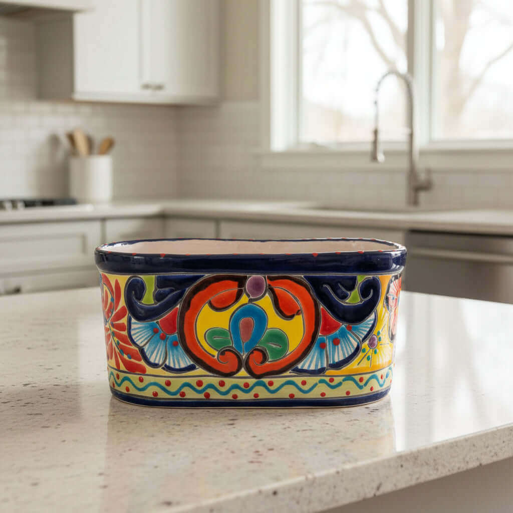 Maceta Talavera Ovalada Azul con Borde | Maceta Mexicana Hecha a Mano