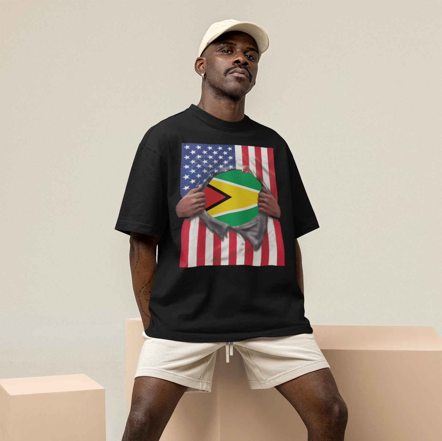 Camiseta de orgullo con bandera de Guyana + bandera de EE. UU. | Bandera guyanesa + estadounidense para el 4 de julio | Camisetas latinas virales divertidas | Unisex - 4 colores