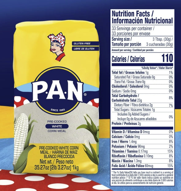 P.A.N. White Corn Meal – Pre-cooked Gluten Free and Kosher Flour for Arepas (2.2 lbs)