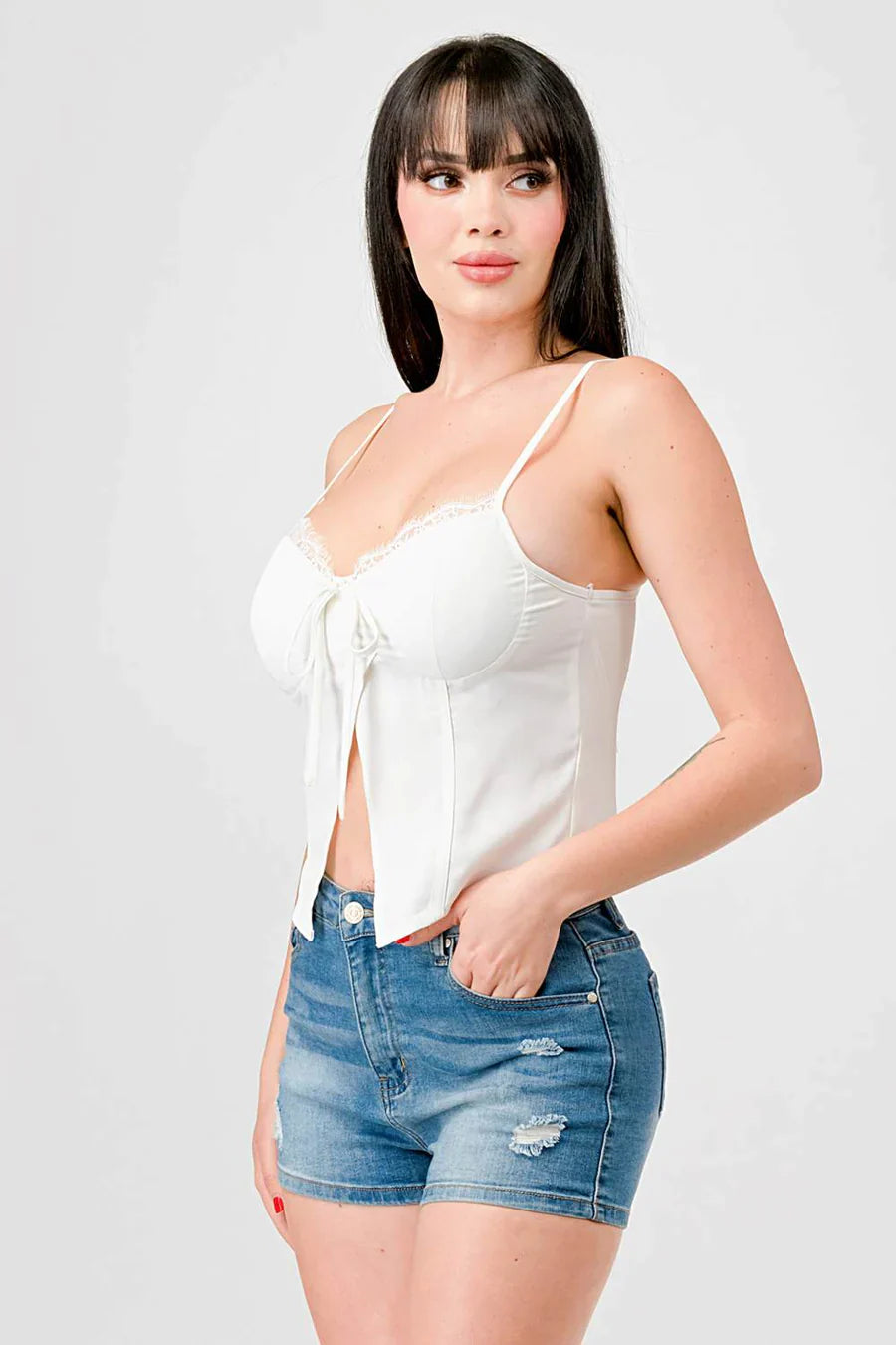 LUXE LACE TRIM SWEETHEART DRAWSTRING BOW ZIPPER CLOSURE BACK CAMI TOP