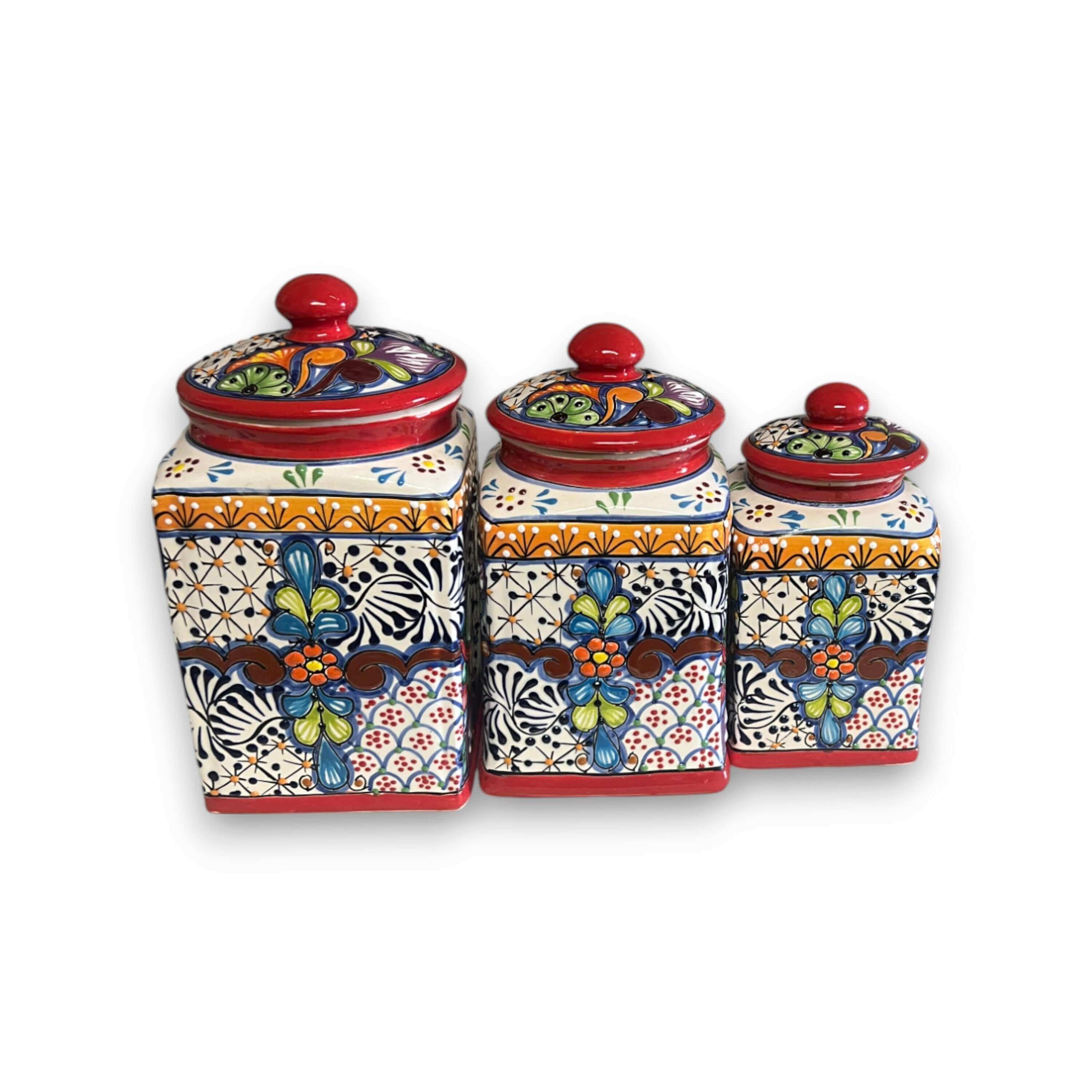 Juego de botes Talavera rojos | Tarros de cocina mexicanos pintados a mano