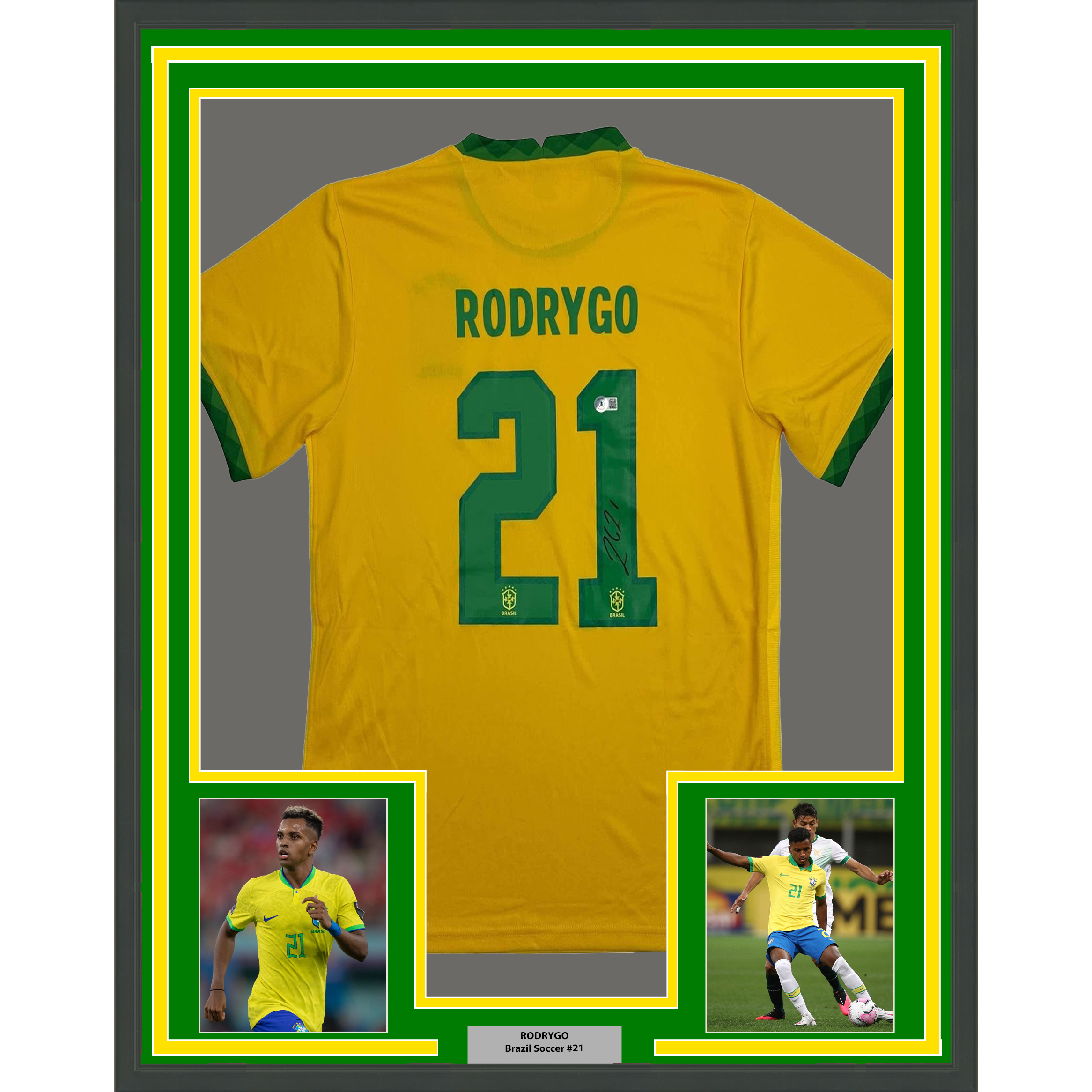 Camiseta de fútbol amarilla de Brasil de 35x39, enmarcada, autografiada/firmada por Rodrygo Silva de Goes, con certificado de autenticidad (COA) de Beckett BAS