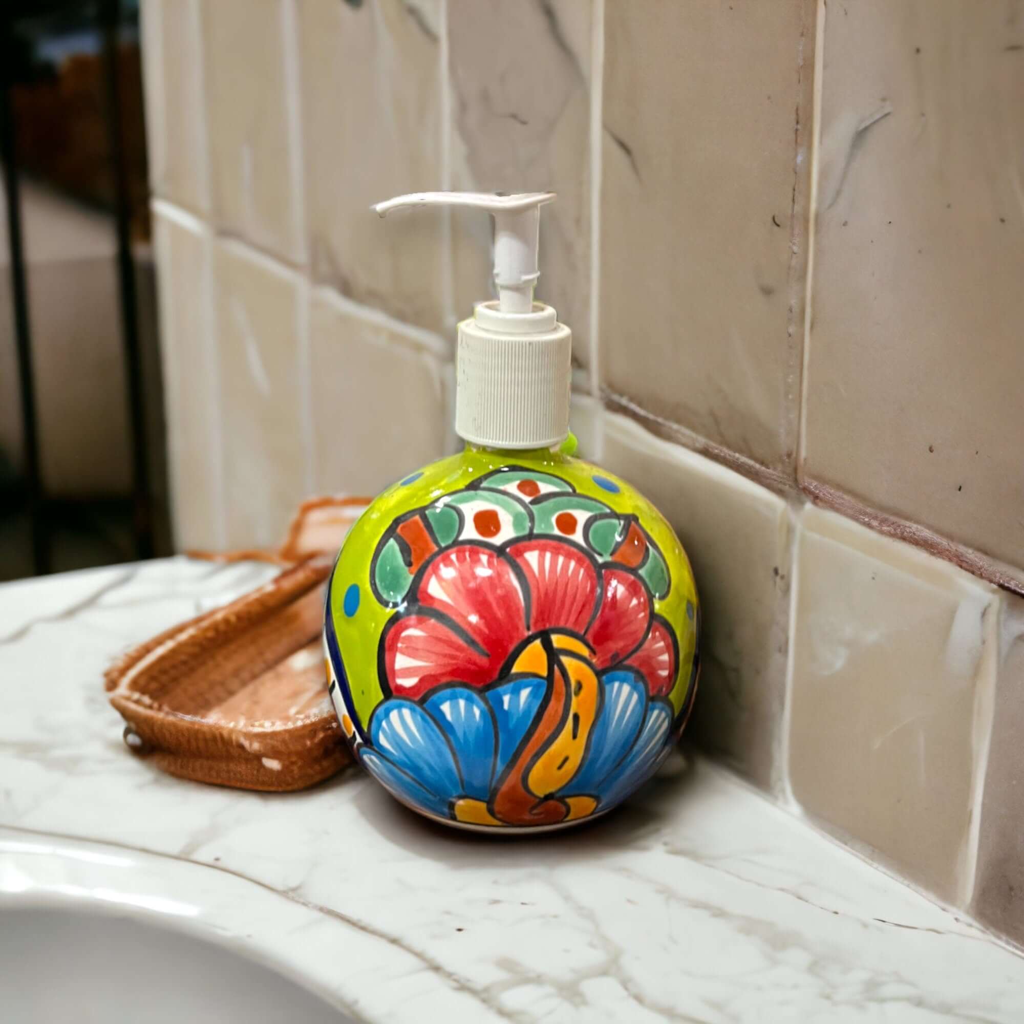 Round Talavera Soap Dispenser | Hand-Painted Ceramic Bottle
