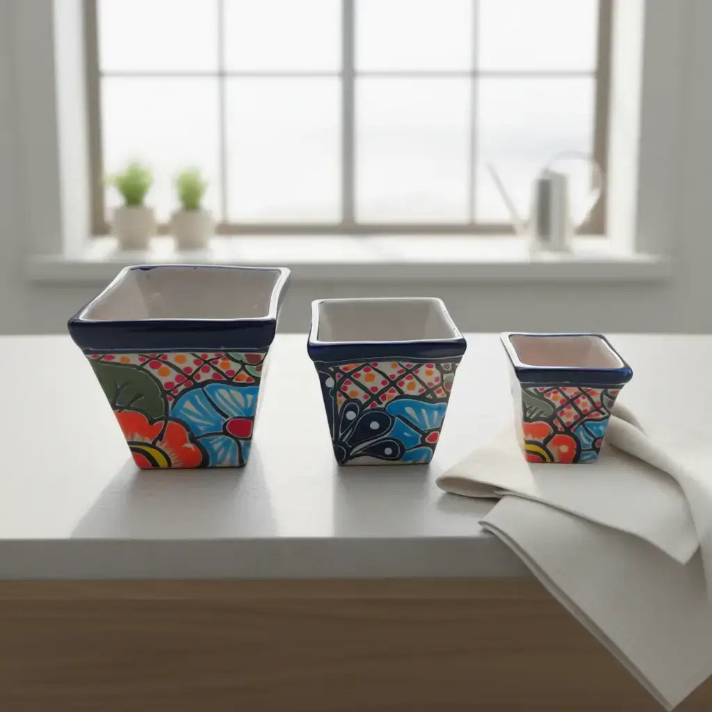Square Talavera Planter Set | Colorful Mexican Mini Pots (Set of 3)