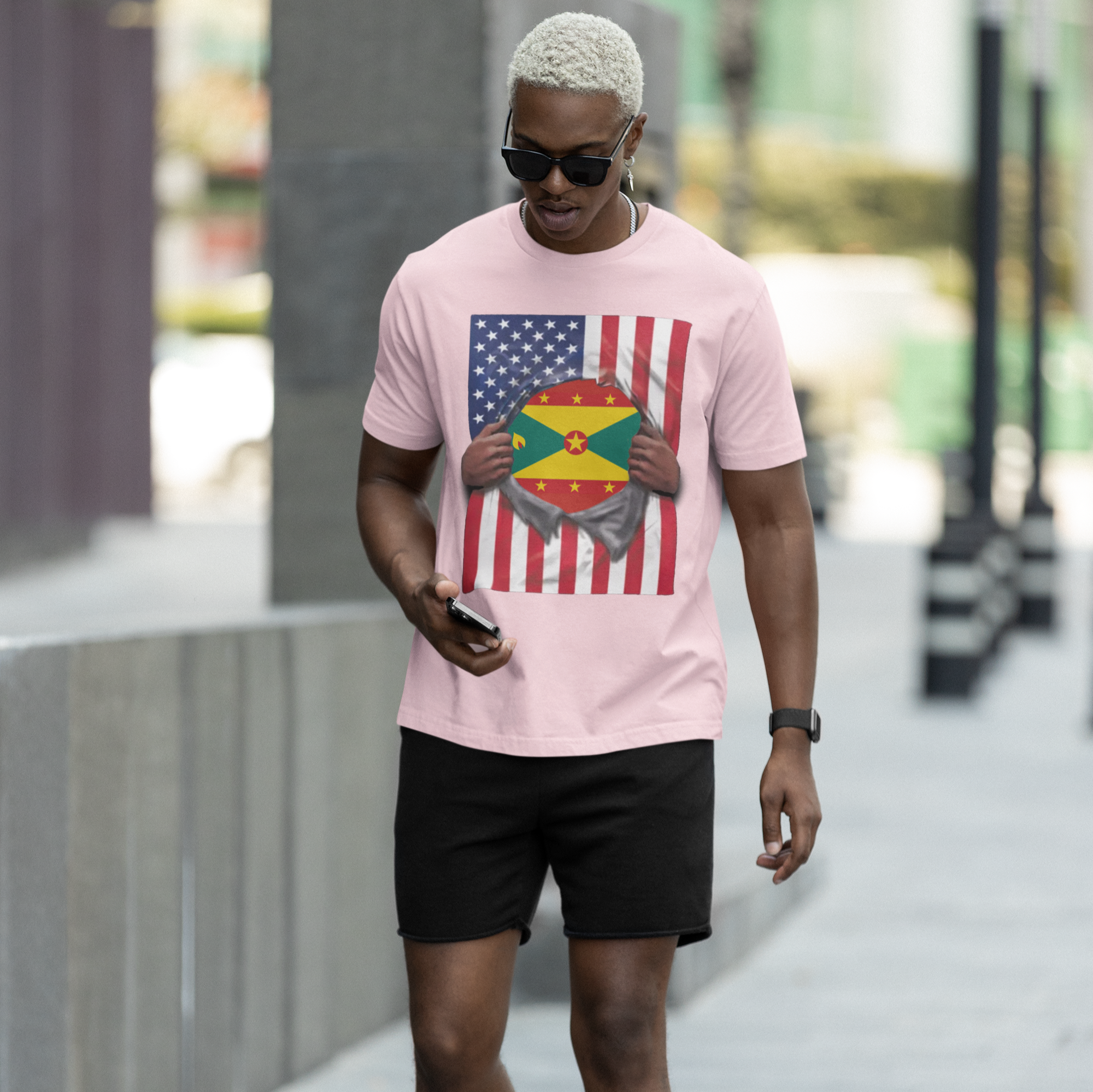 Camiseta de Granada + Bandera de EE. UU. | Bandera de Granada + Americana Rasgada 4 de Julio | Camisetas Latinas Divertidas | 4 Colores